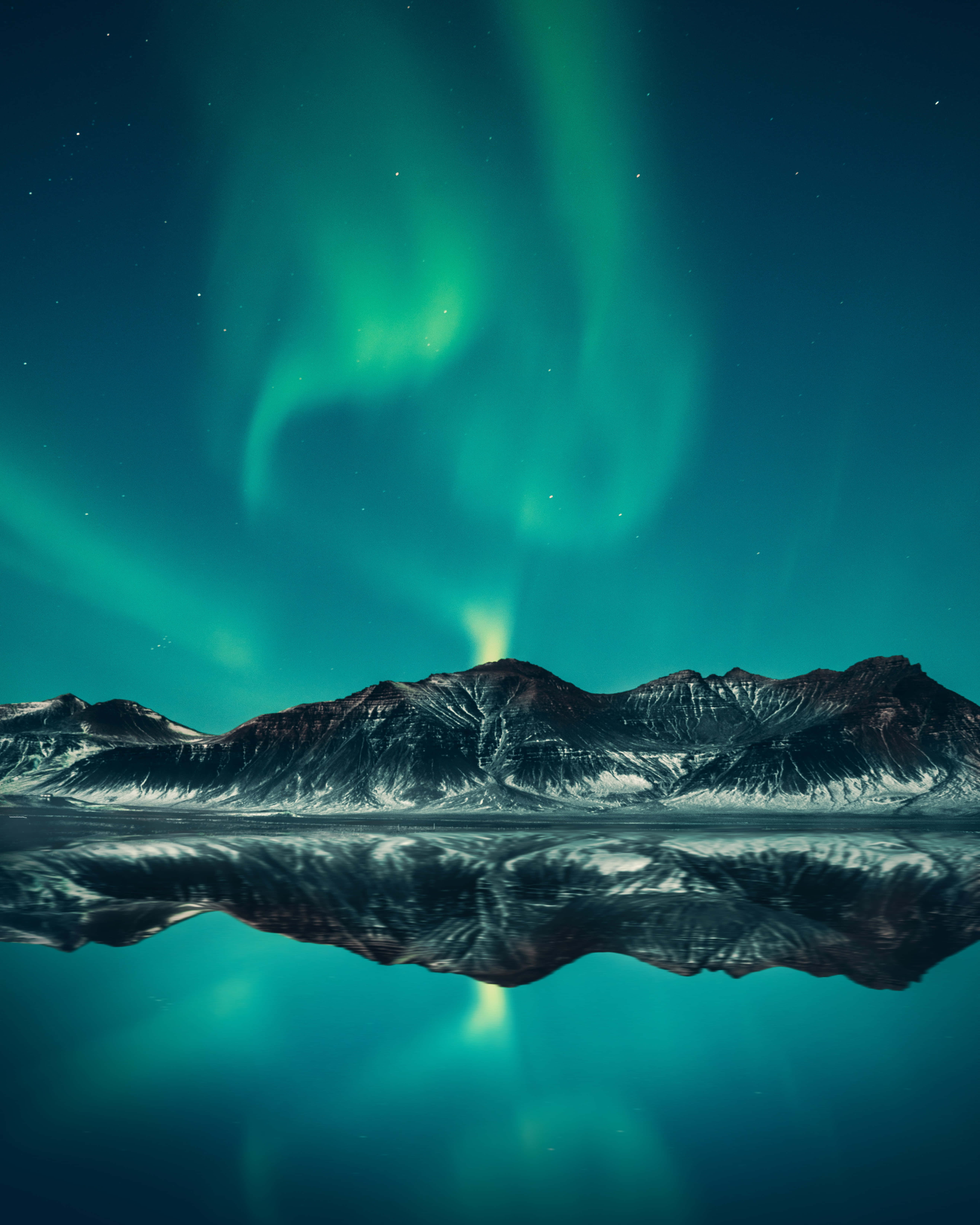 Aurora Borealis, snow-capped mountains, calm lake, 5K Phone Wallpaper