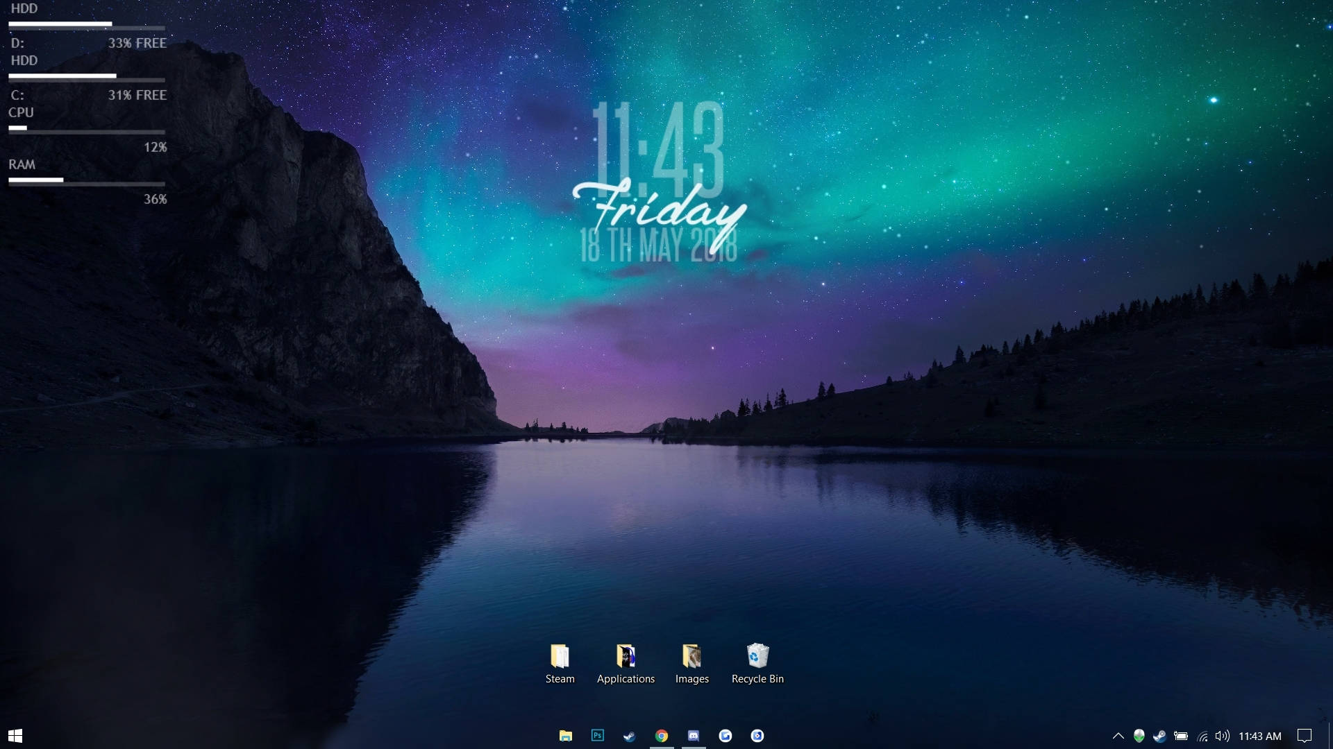 Aurora borealis, calm lake, rocky cliffs, Full HD Desktop Wallpaper