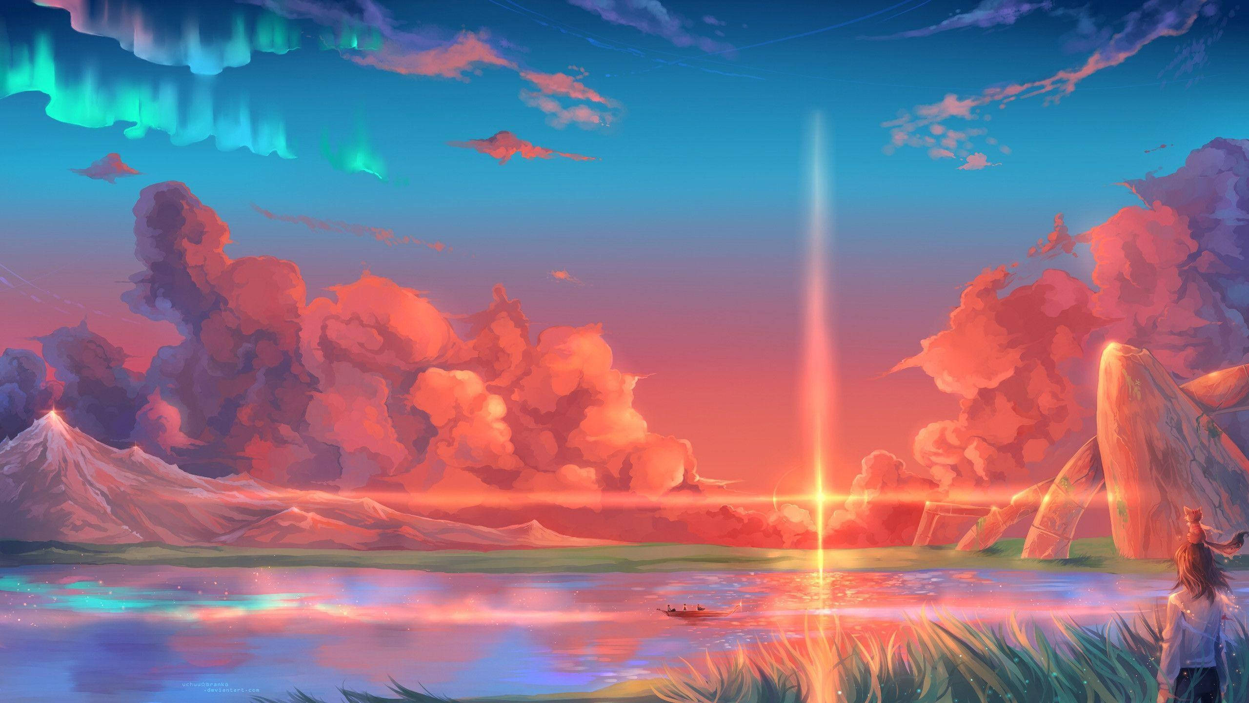 Aurora borealis, surreal sunset, glowing auroras, 2K Desktop Wallpaper