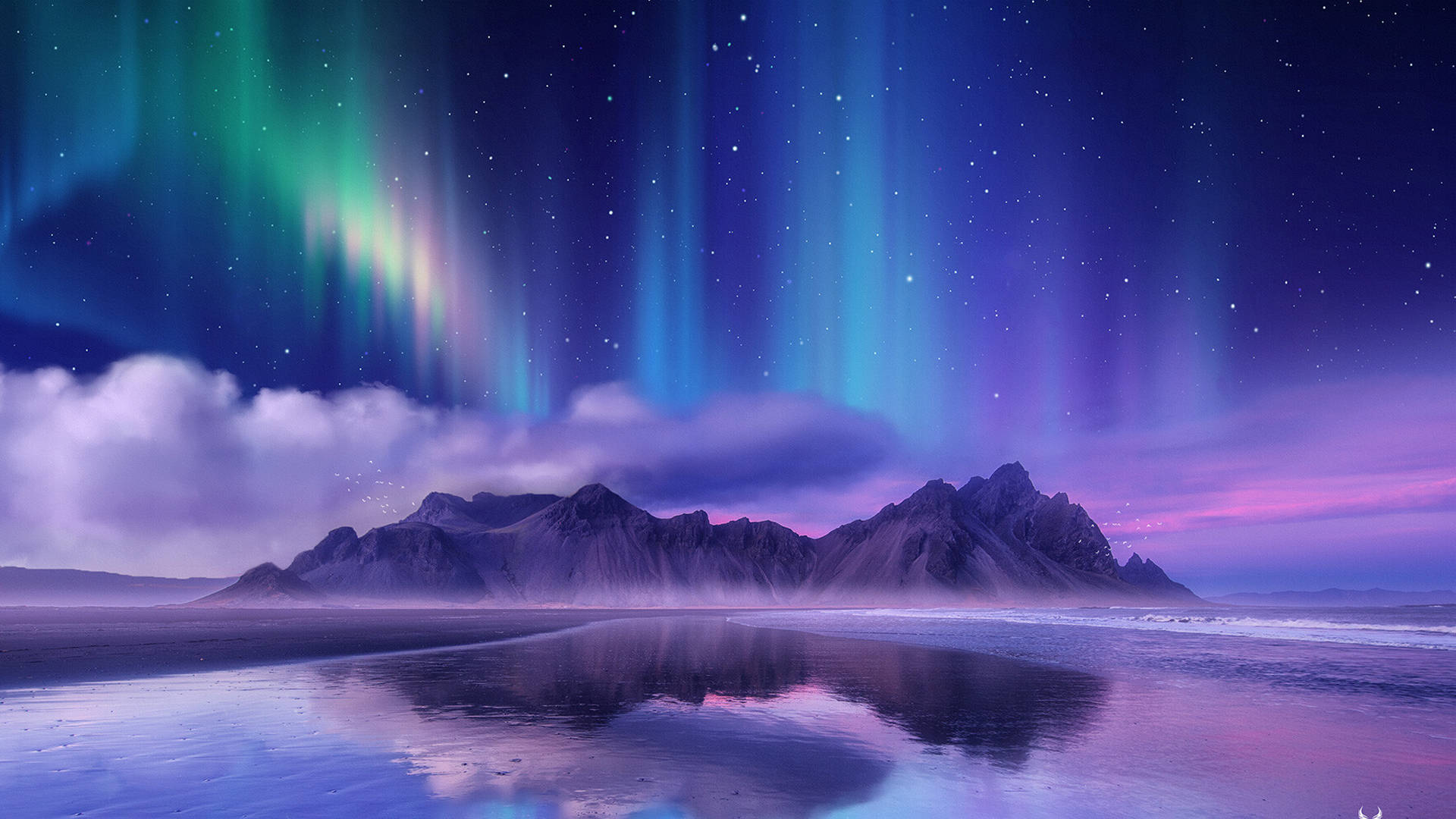 aurora borealis, snowy landscape, starry sky, Full HD Desktop Wallpaper