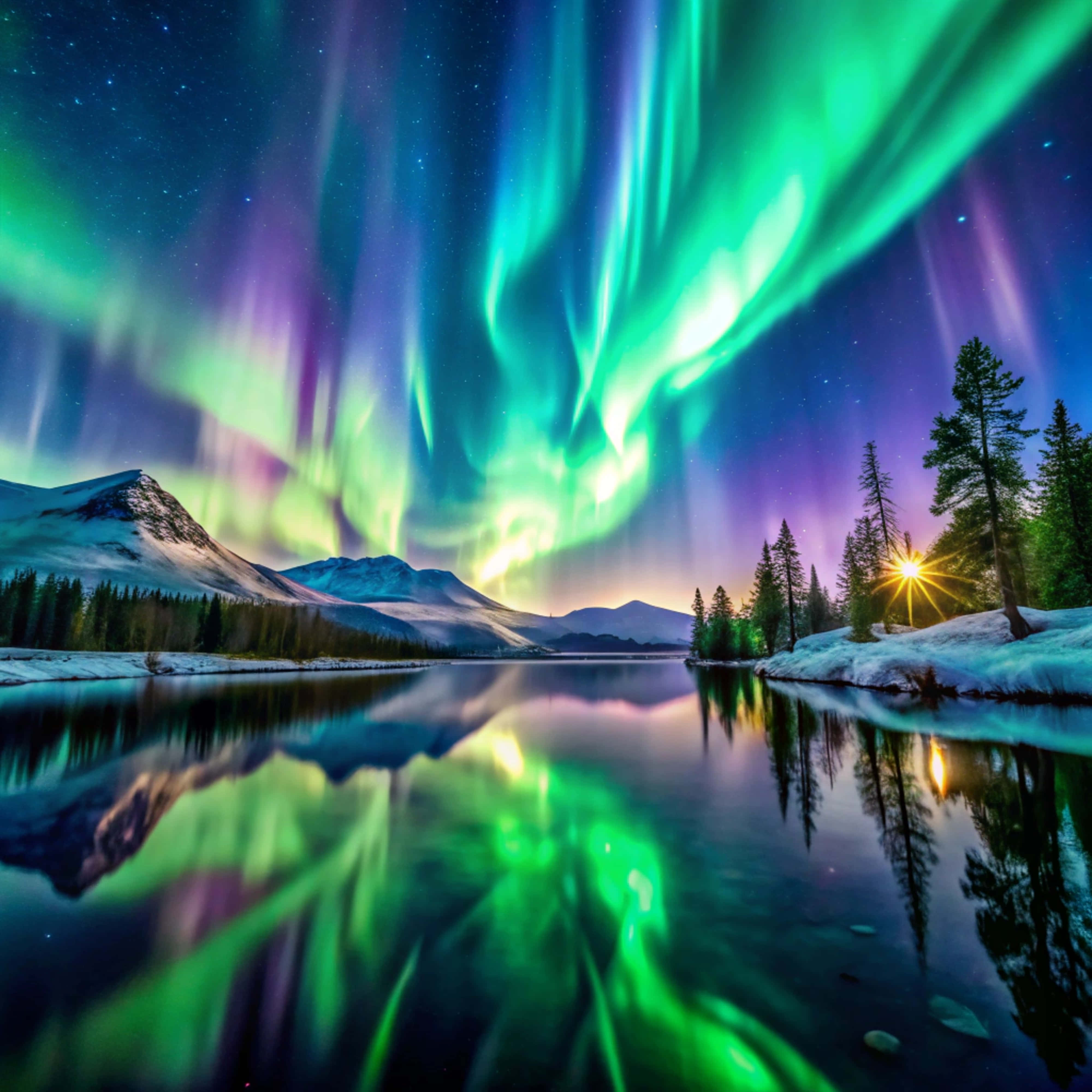 aurora borealis, green and purple, starry sky, 4K Desktop Wallpaper