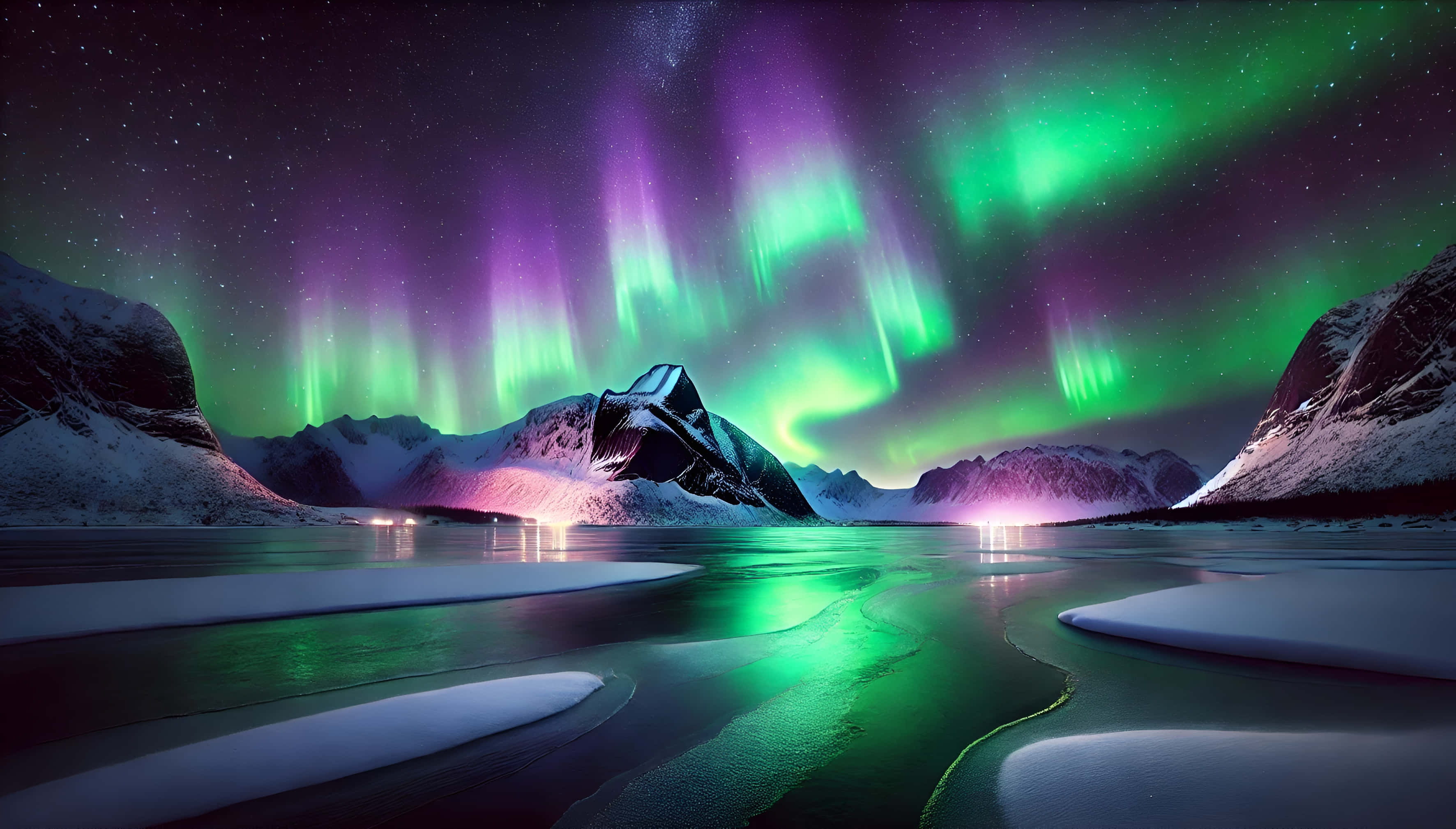 aurora borealis, snowcapped mountains, frozen river, 2K Desktop Wallpaper