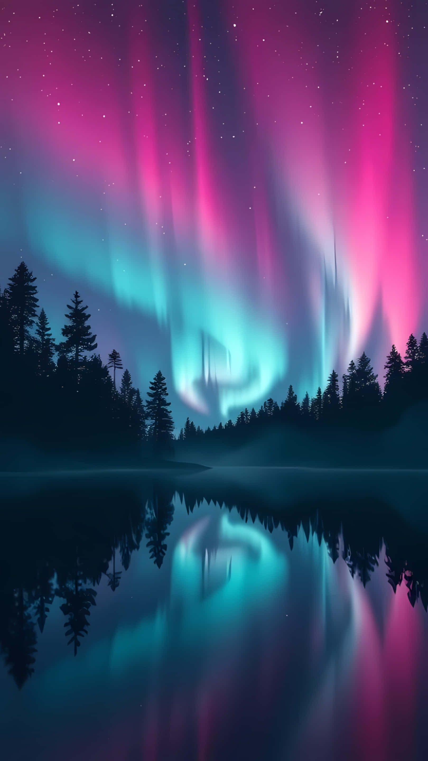 Aurora borealis, silent forest lake, pink and teal auroras, 2K Phone Wallpaper