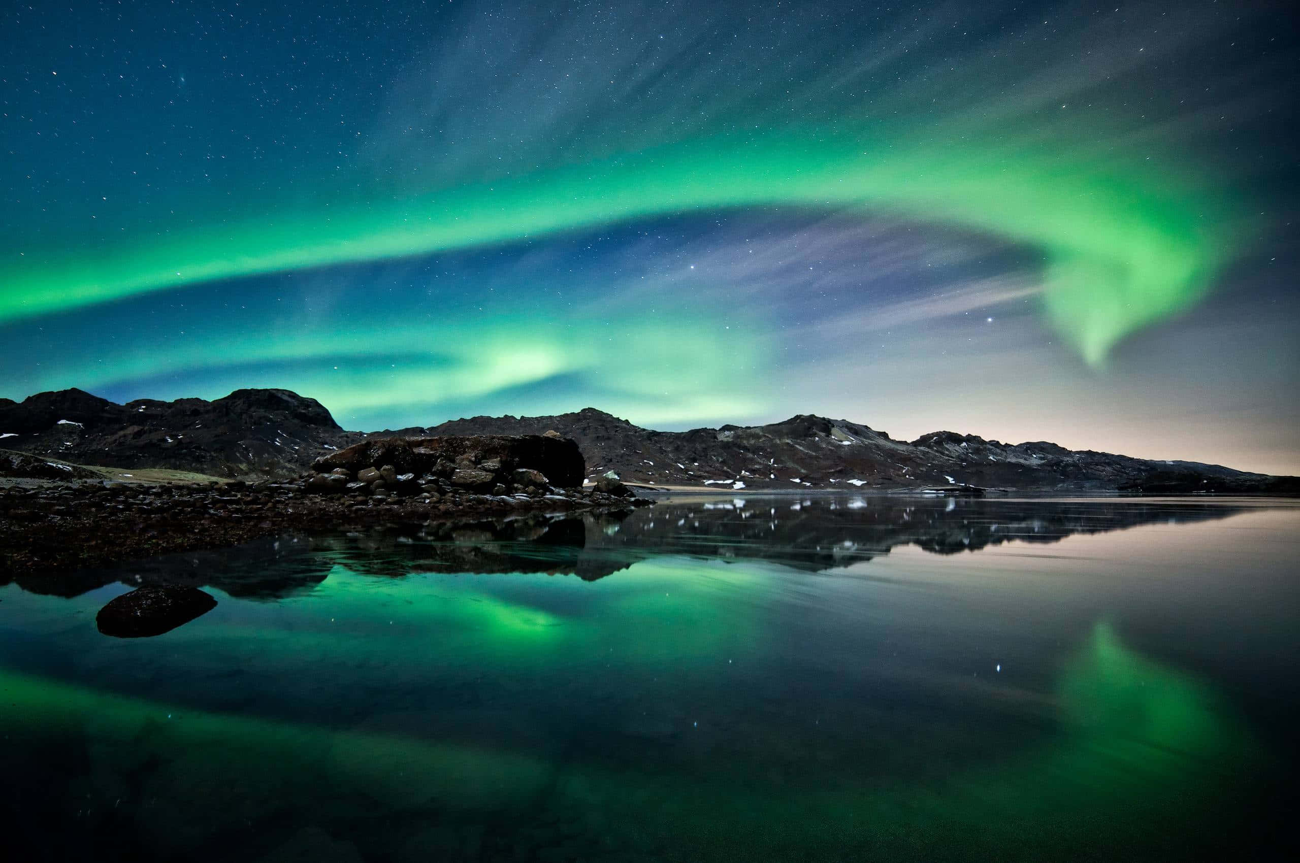 Aurora borealis, tranquil lake, starry night sky, 2K Desktop Wallpaper