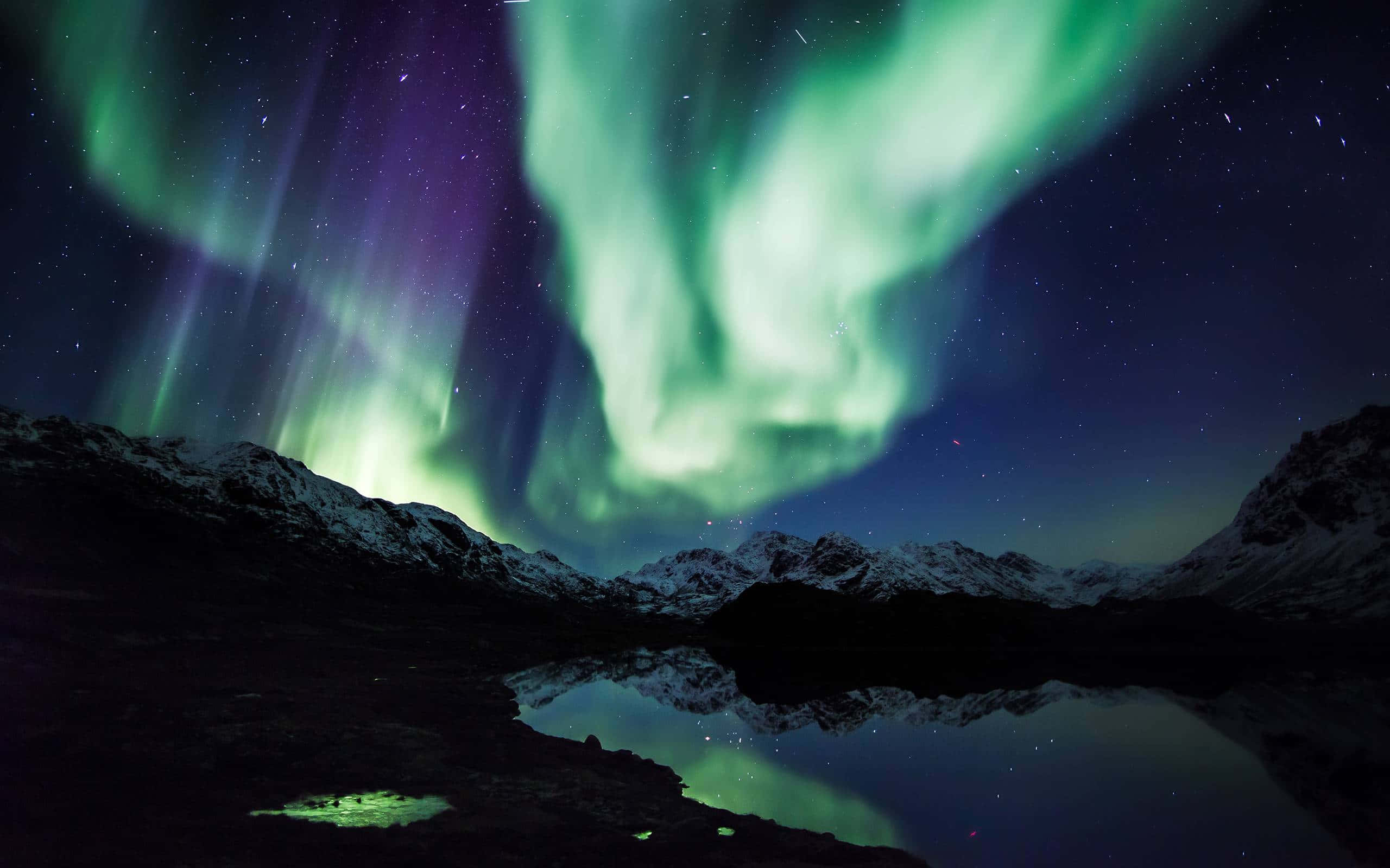Aurora borealis, snowcapped mountains, calm lake, 2K Desktop Wallpaper
