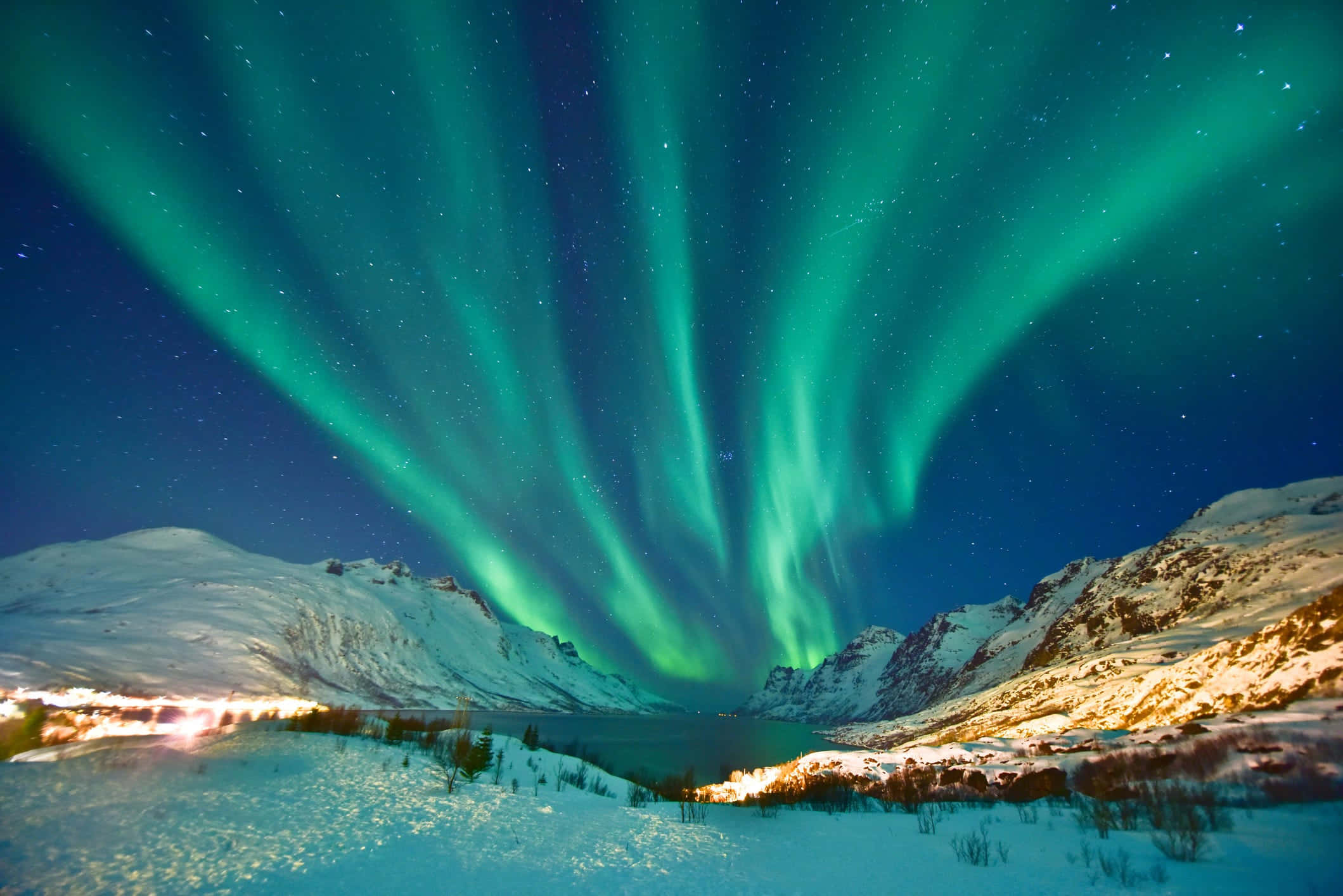 Aurora borealis, starry night sky, snow-covered mountains, Full HD Desktop Wallpaper