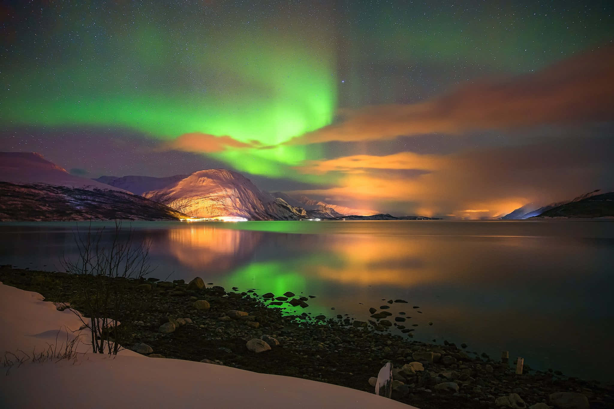 Aurora borealis, night sky, snowy mountain lake, Full HD Desktop Wallpaper
