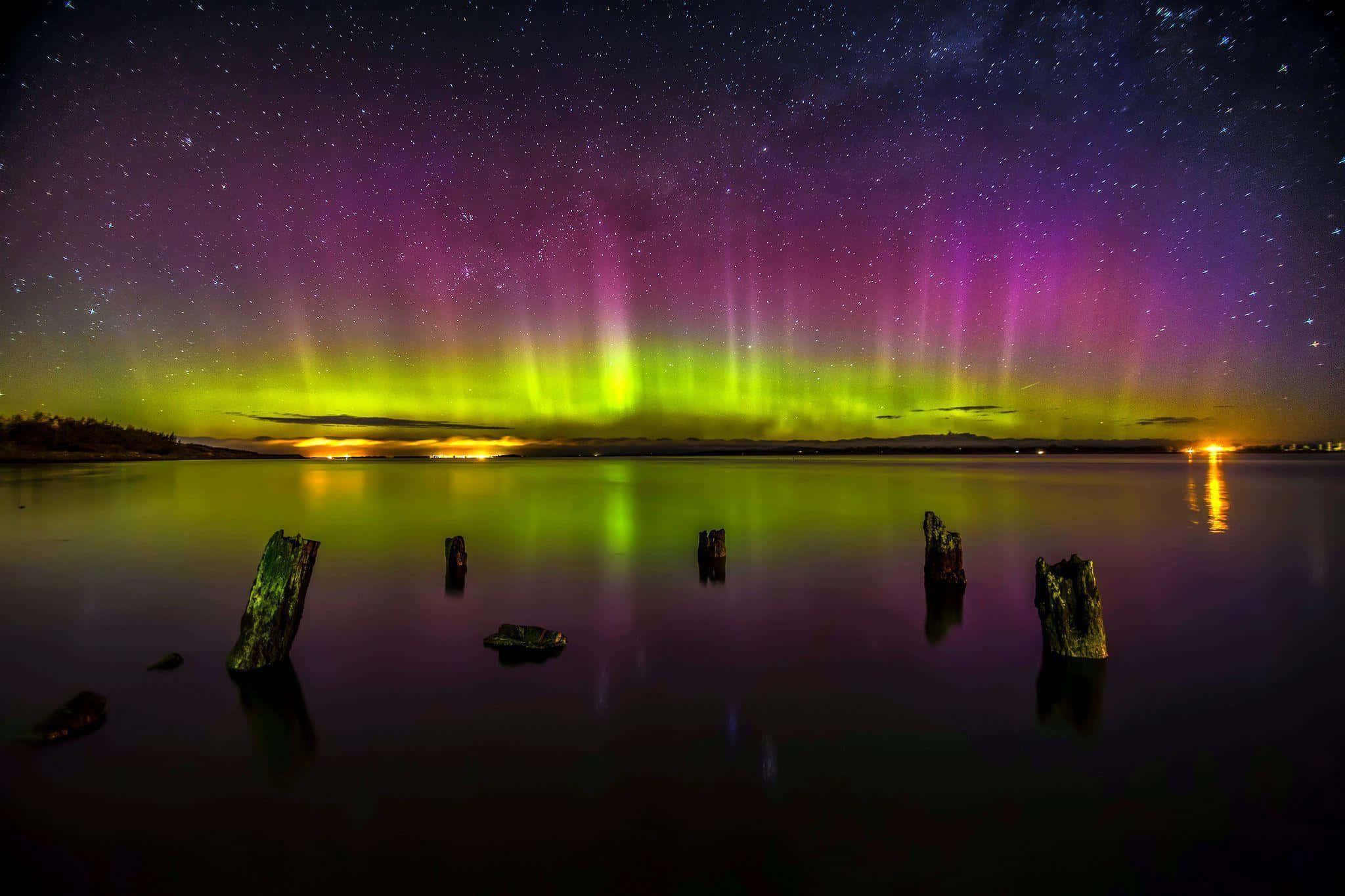 Aurora Borealis, vibrant green and purple, starry night sky, Full HD Desktop Wallpaper