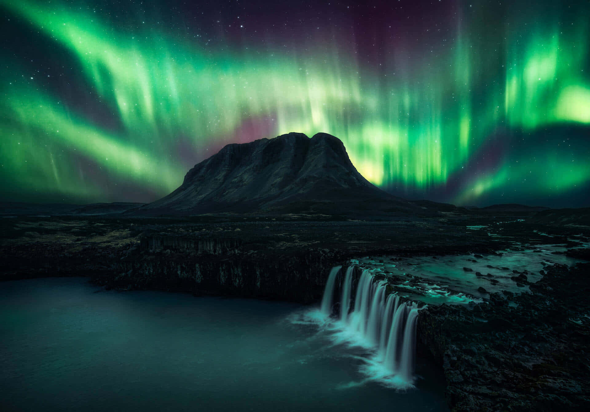 Aurora borealis, rugged mountain, cascading waterfall, Full HD Desktop Wallpaper