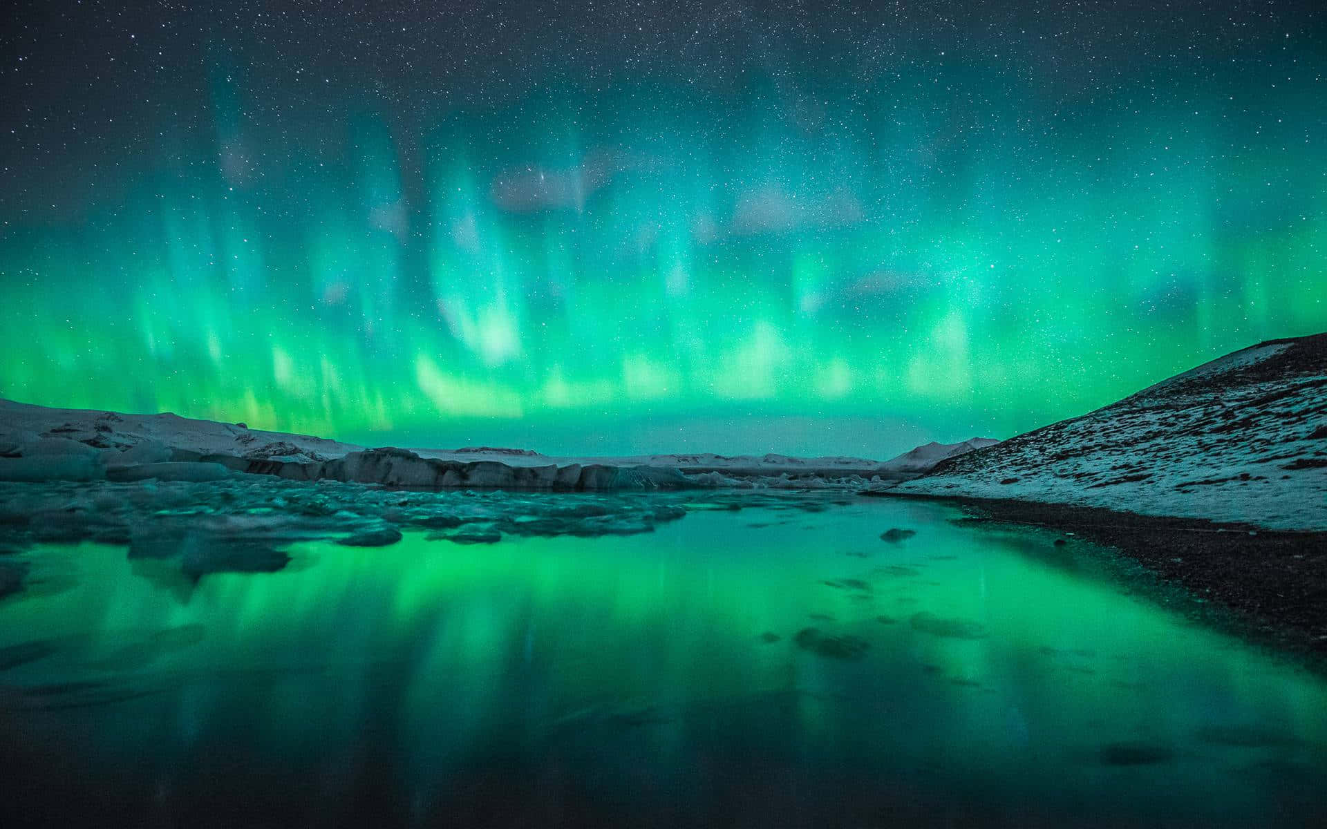 Aurora borealis, snowy mountains, starry night sky, Full HD Desktop Wallpaper