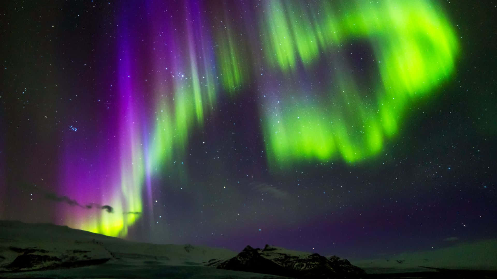 Aurora borealis, starry night sky, snow-covered mountains, Full HD Desktop Wallpaper