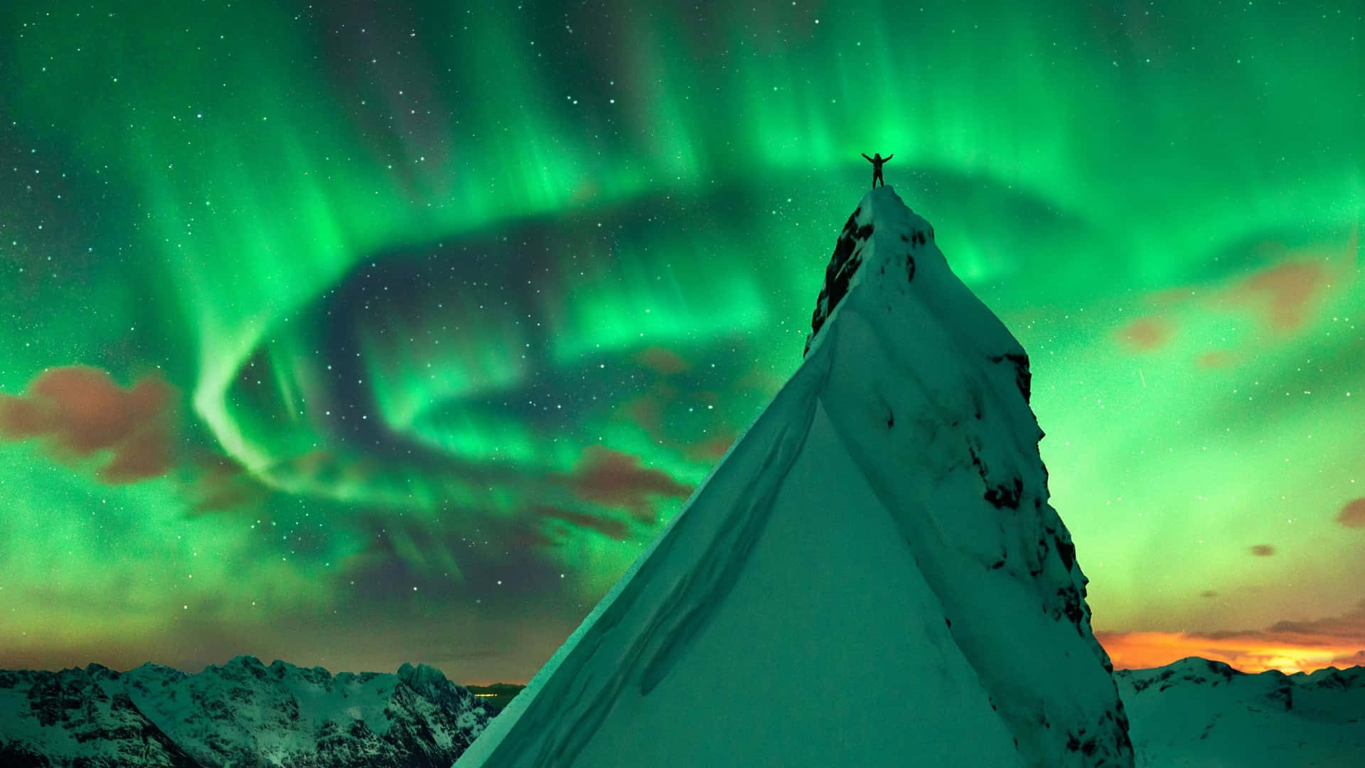 Aurora borealis, snow-covered mountain peak, vibrant green aurora borealis, Full HD Desktop Wallpaper