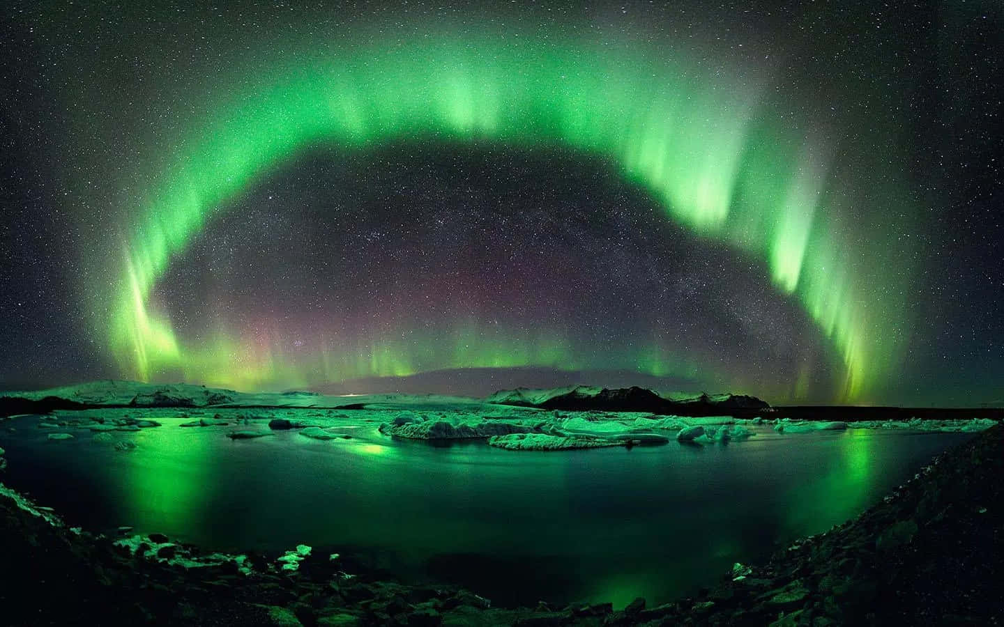 aurora borealis, starry night sky, icy waters, HD Desktop Wallpaper