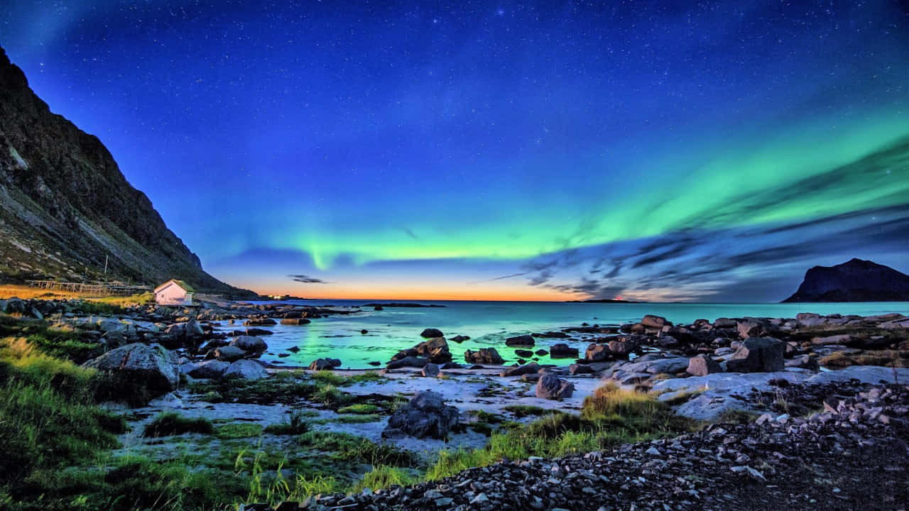 Aurora borealis, vibrant green, starry night sky, HD Desktop Wallpaper