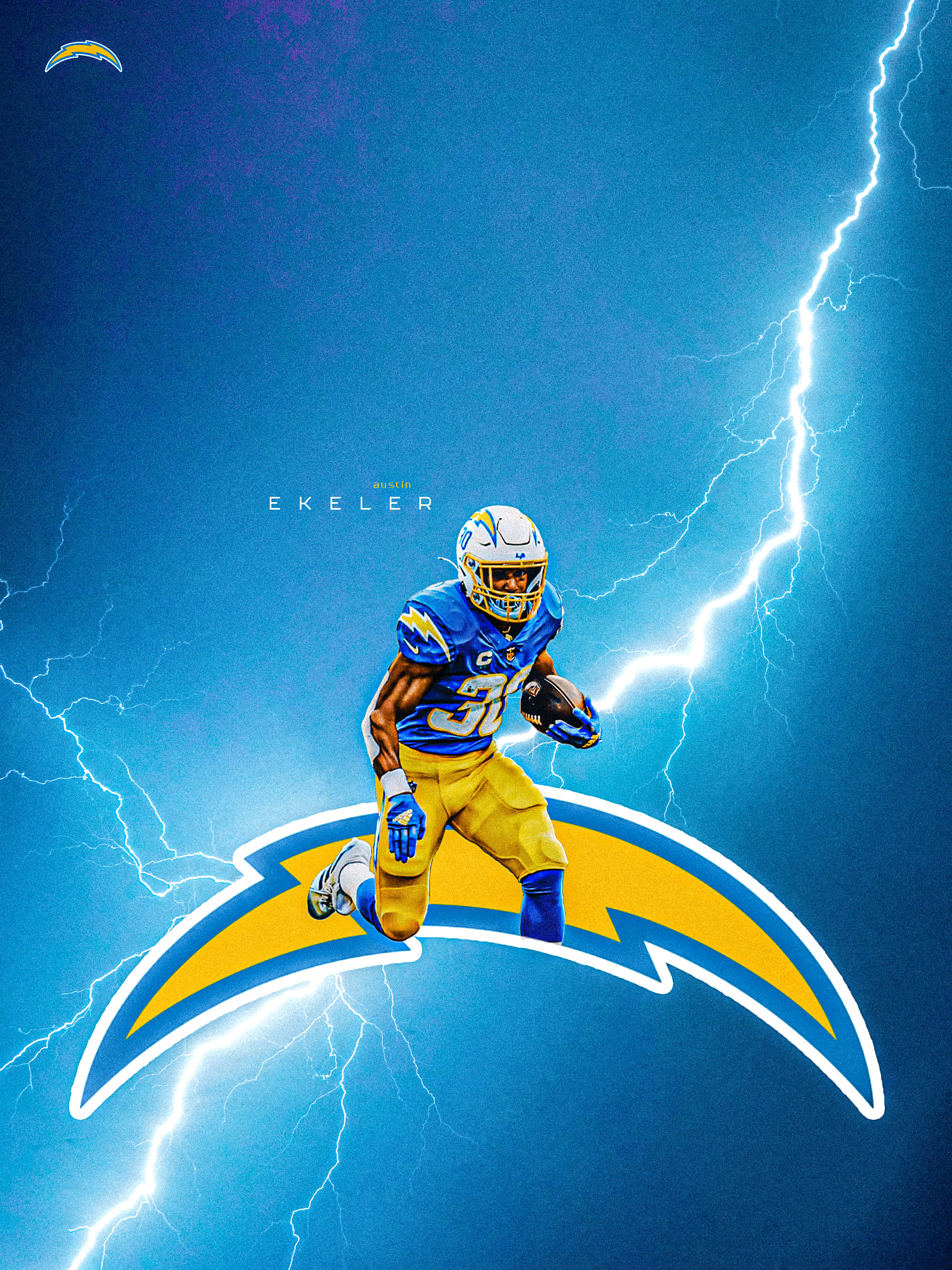 Austin Ekeler, blue and gold uniform, stormy blue sky, Full HD Phone Wallpaper