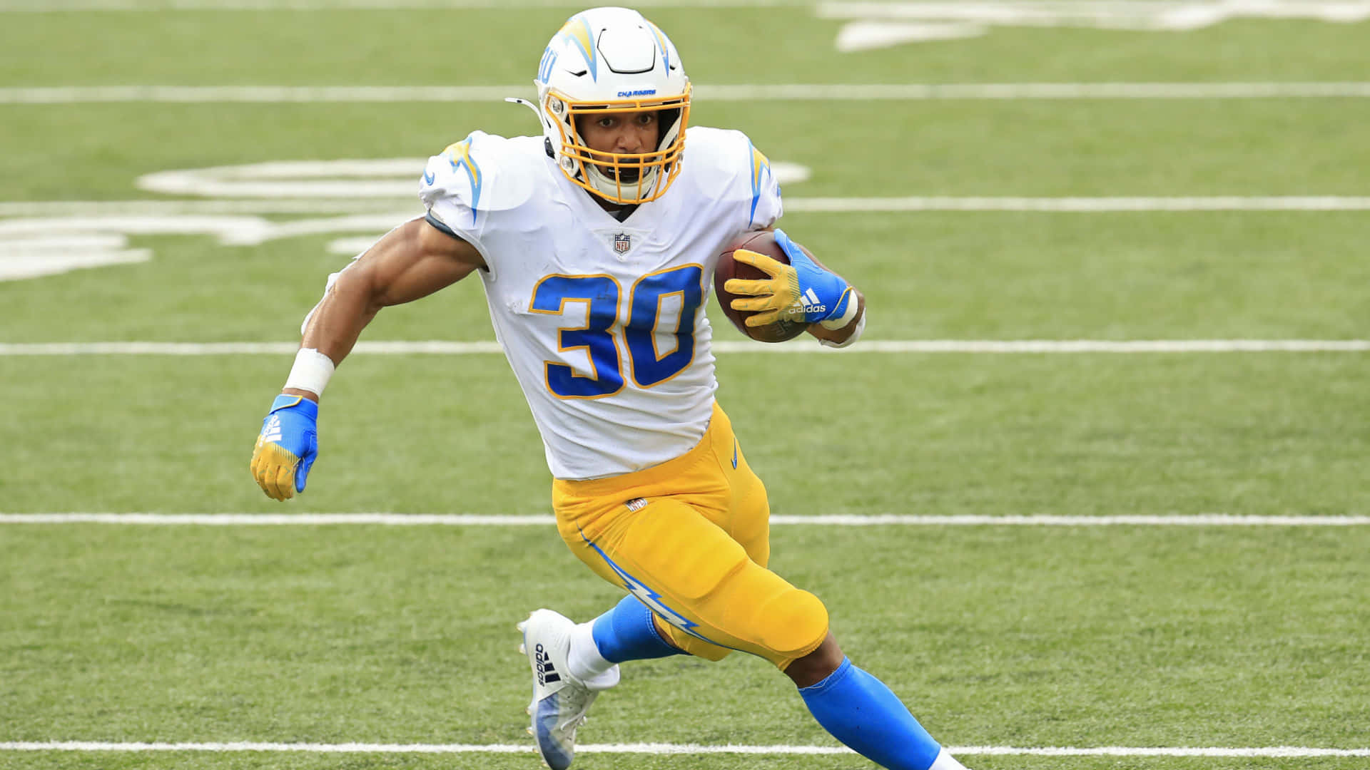 Austin Ekeler, white and gold uniform, green field, Full HD Desktop Wallpaper