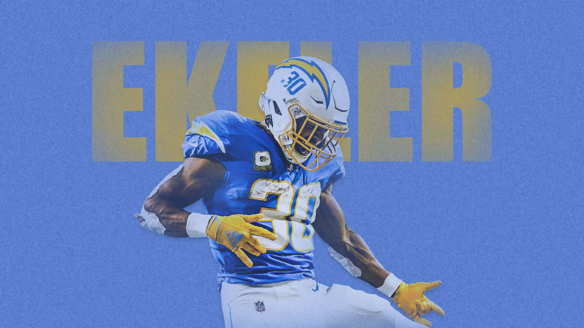 Austin Ekeler, blue and gold uniform, solid blue background, Full HD Desktop Wallpaper