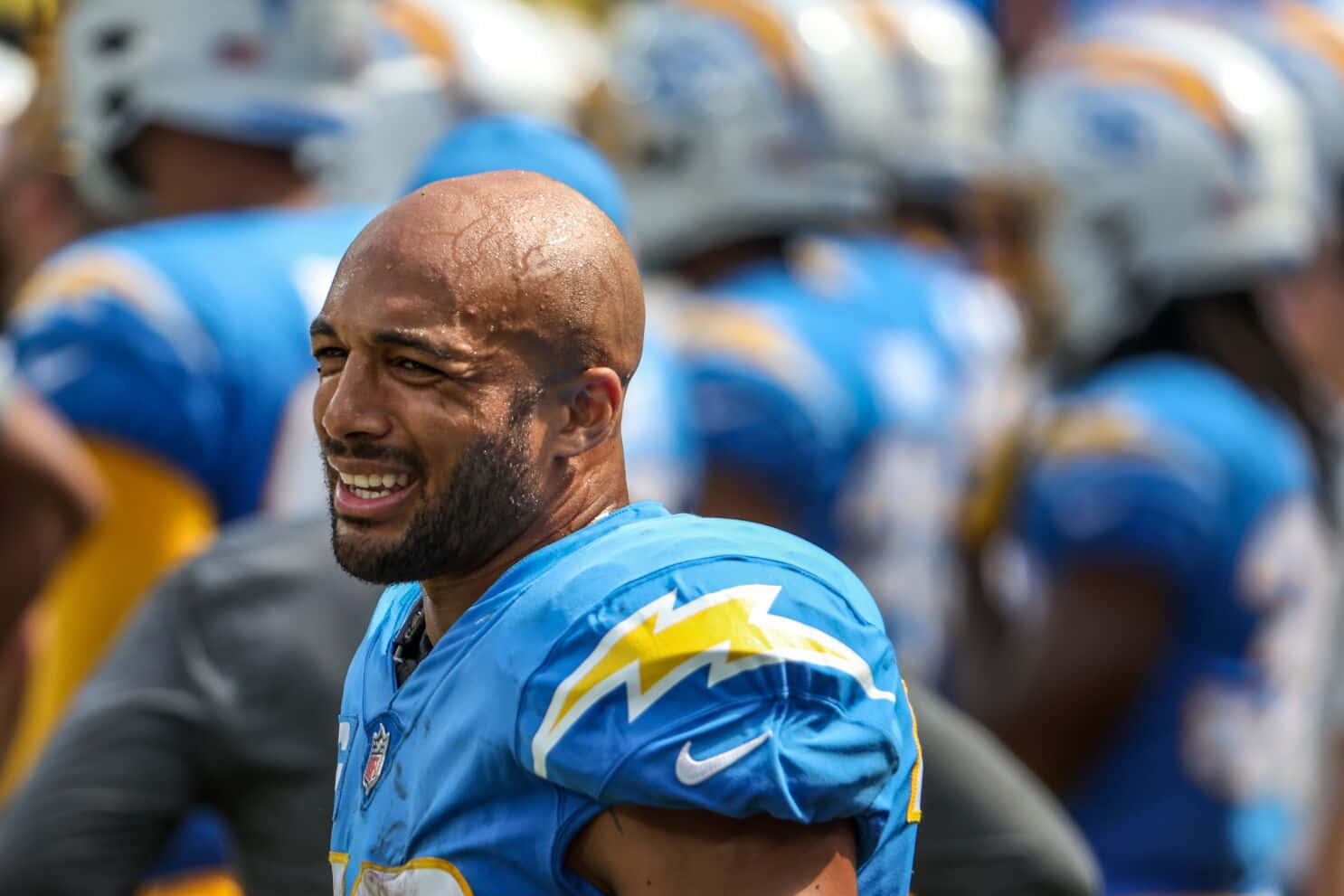 Austin Ekeler, blue and yellow uniform, sweat glistening, HD Desktop Wallpaper