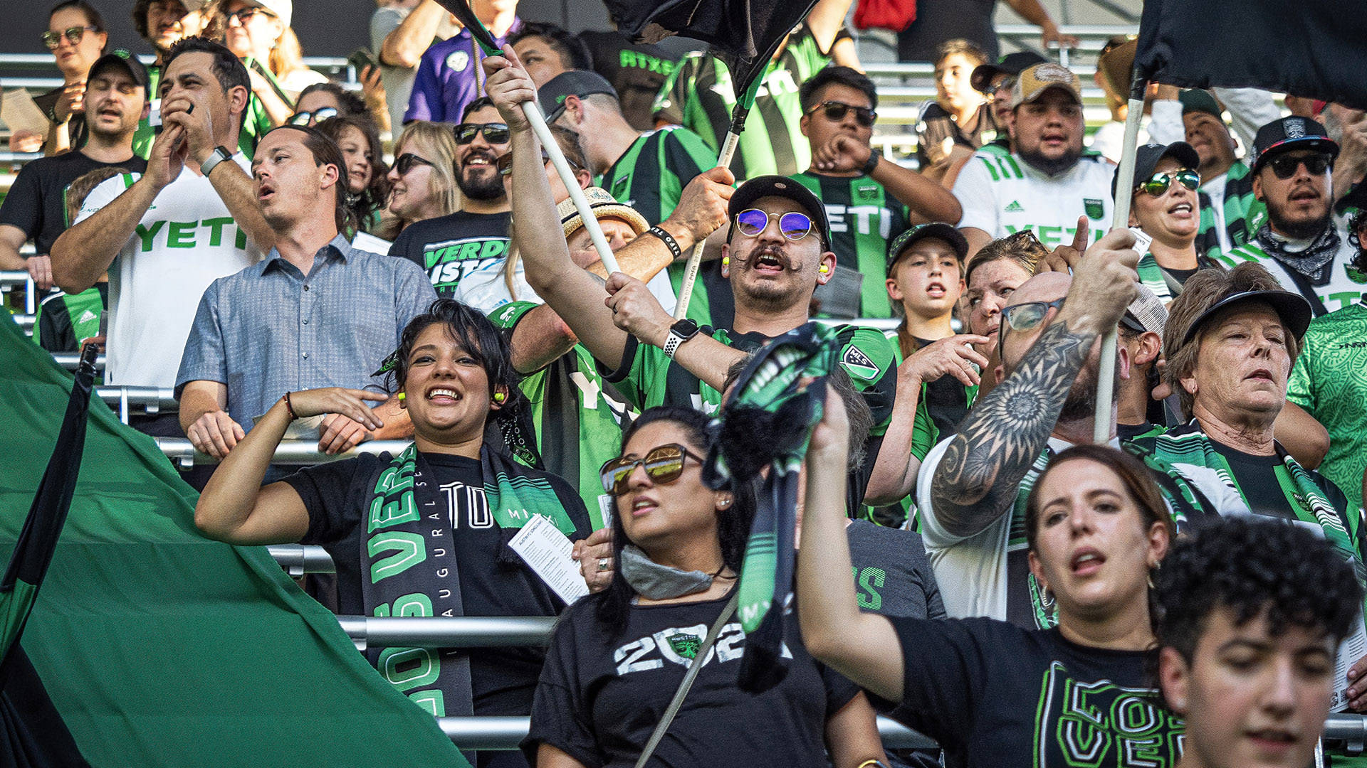 Austin FC, green and black jerseys, stadium stands, Full HD Desktop Wallpaper
