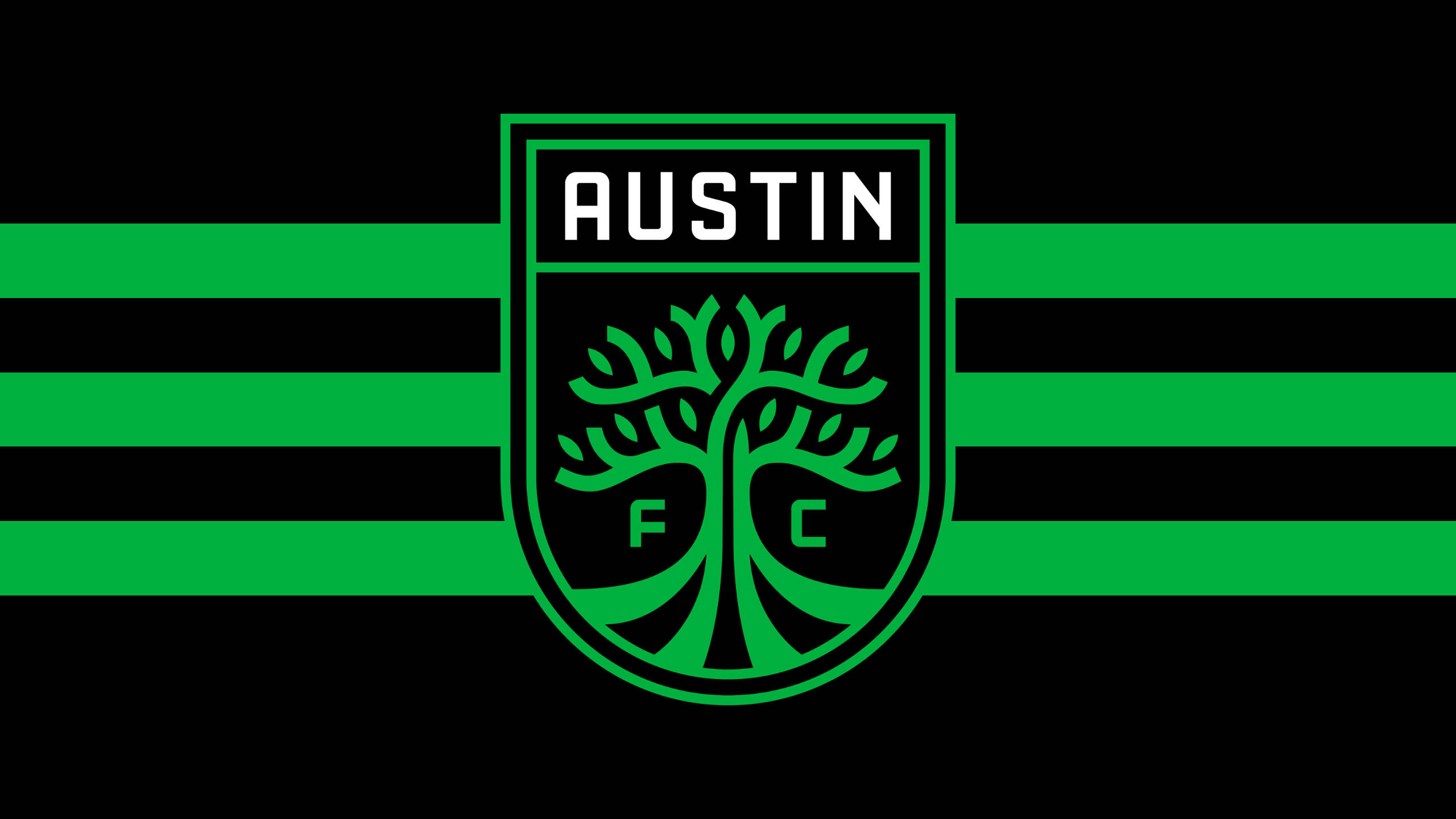 Austin FC, green tree emblem, black and green horizontal stripes, 2K Desktop Wallpaper