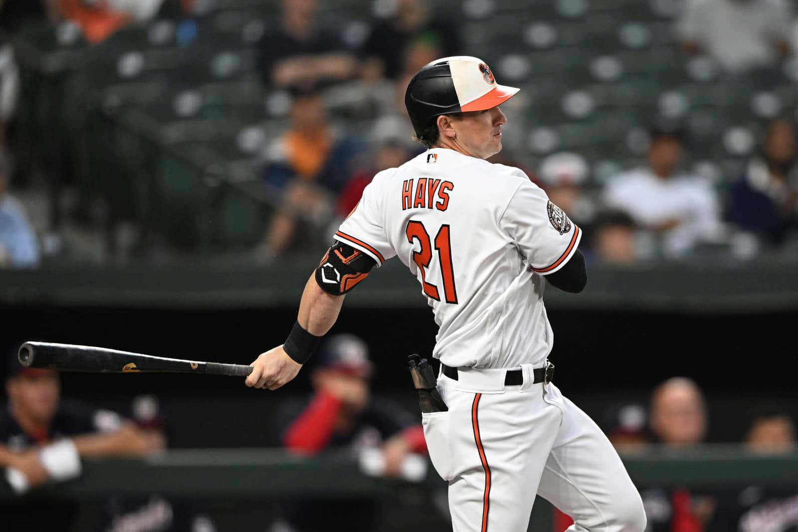 Austin Hays, white uniform with orange trim, mid-swing, HD Desktop Wallpaper