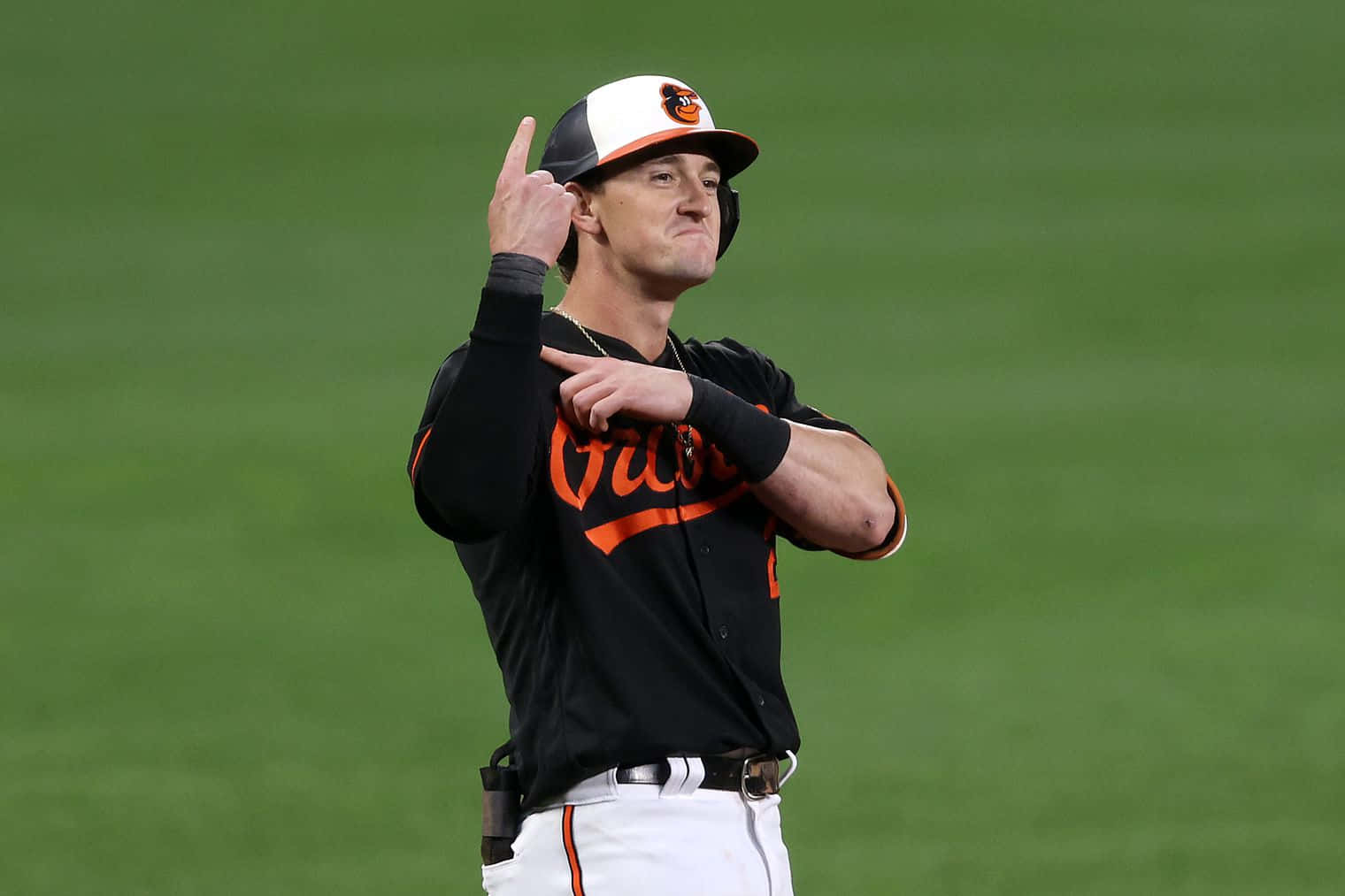 Austin Hays, black and orange uniform, green field, HD Desktop Wallpaper