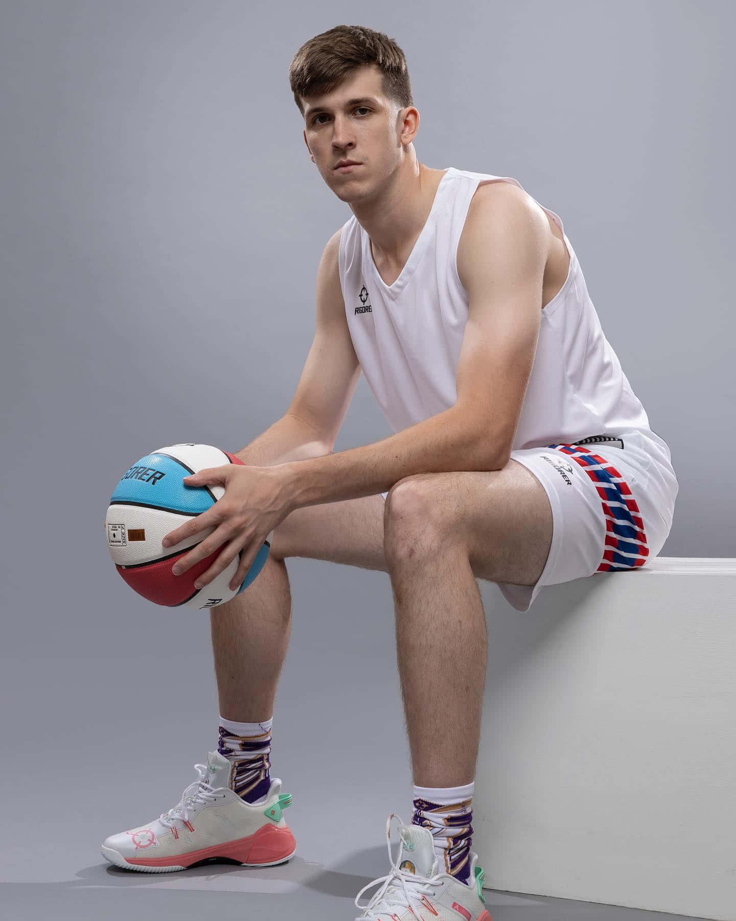 Austin Reaves, white uniform, colorful ball, HD Phone Wallpaper