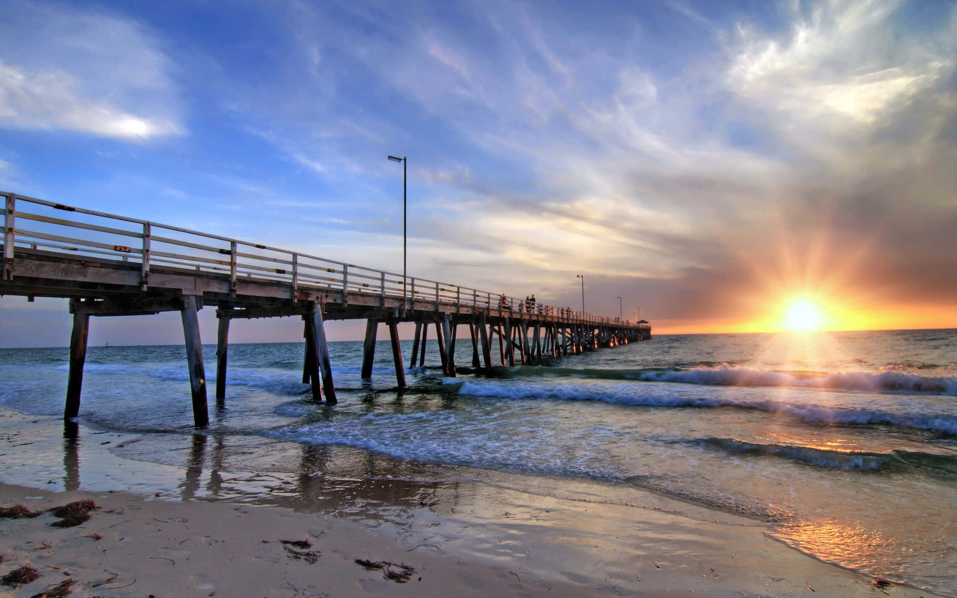 Australia Beach, sunset, long wooden pier, Full HD Desktop Wallpaper
