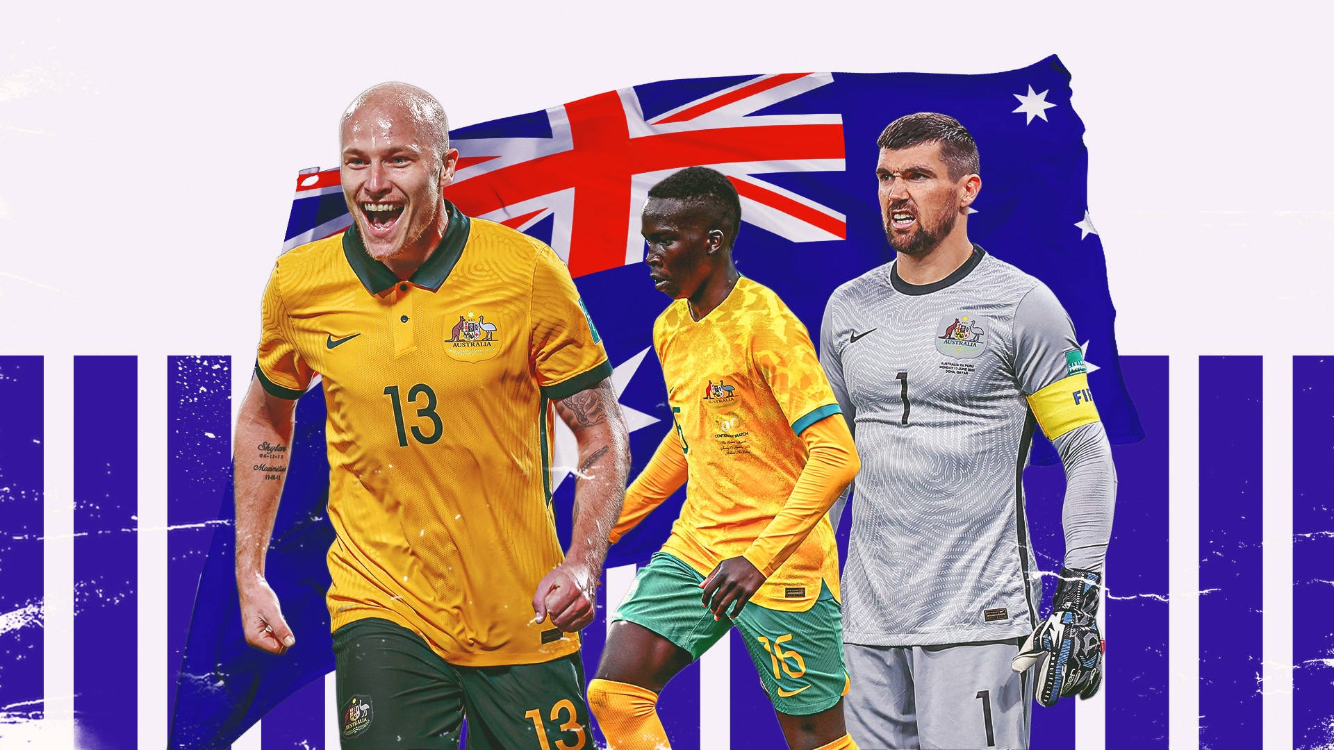 Australia National Football Team, yellow green and gray kits, stylized Australian flag backdrop, Full HD Desktop Wallpaper