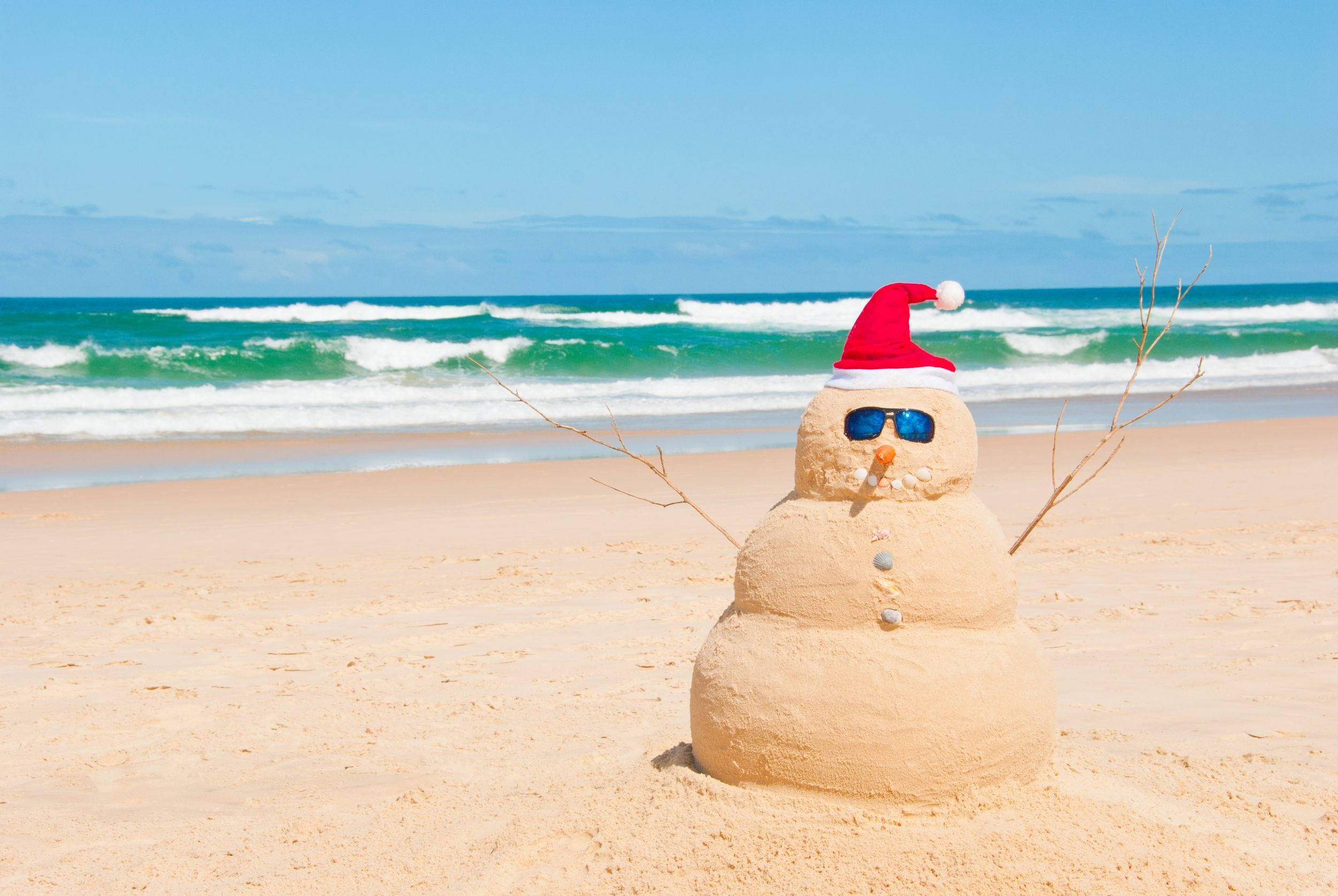 Australian Christmas, sand snowman, red Santa hat, Full HD Desktop Wallpaper