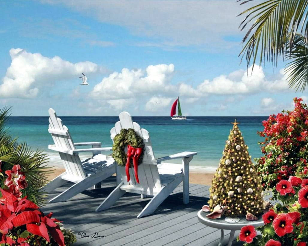 Australian Christmas, white Adirondack chairs, wooden deck, SD Desktop Wallpaper