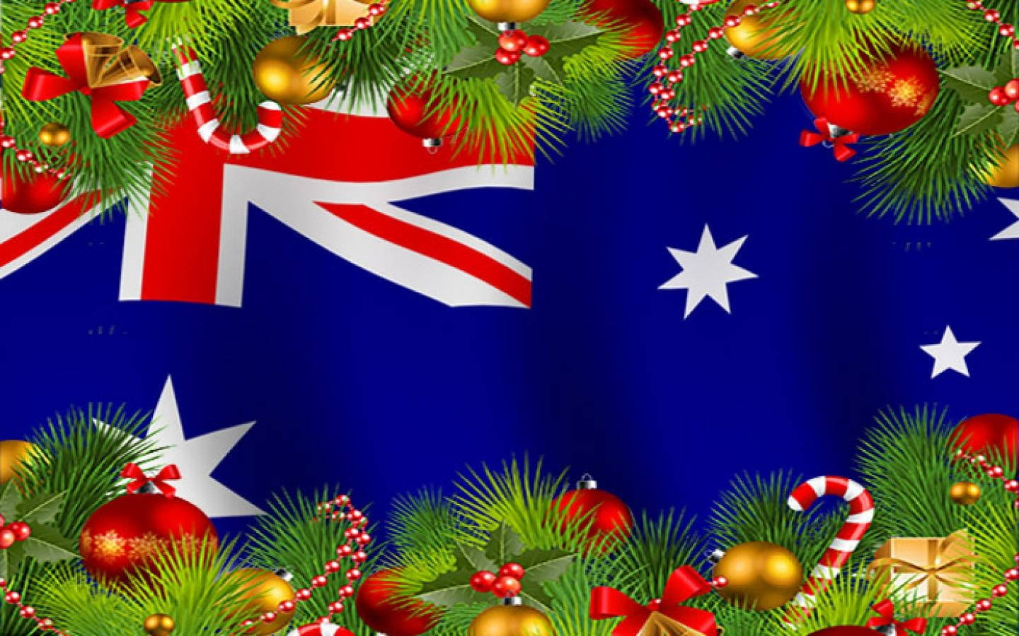 Australian Christmas Flag, festive green pine branches, red ornaments, HD Desktop Wallpaper