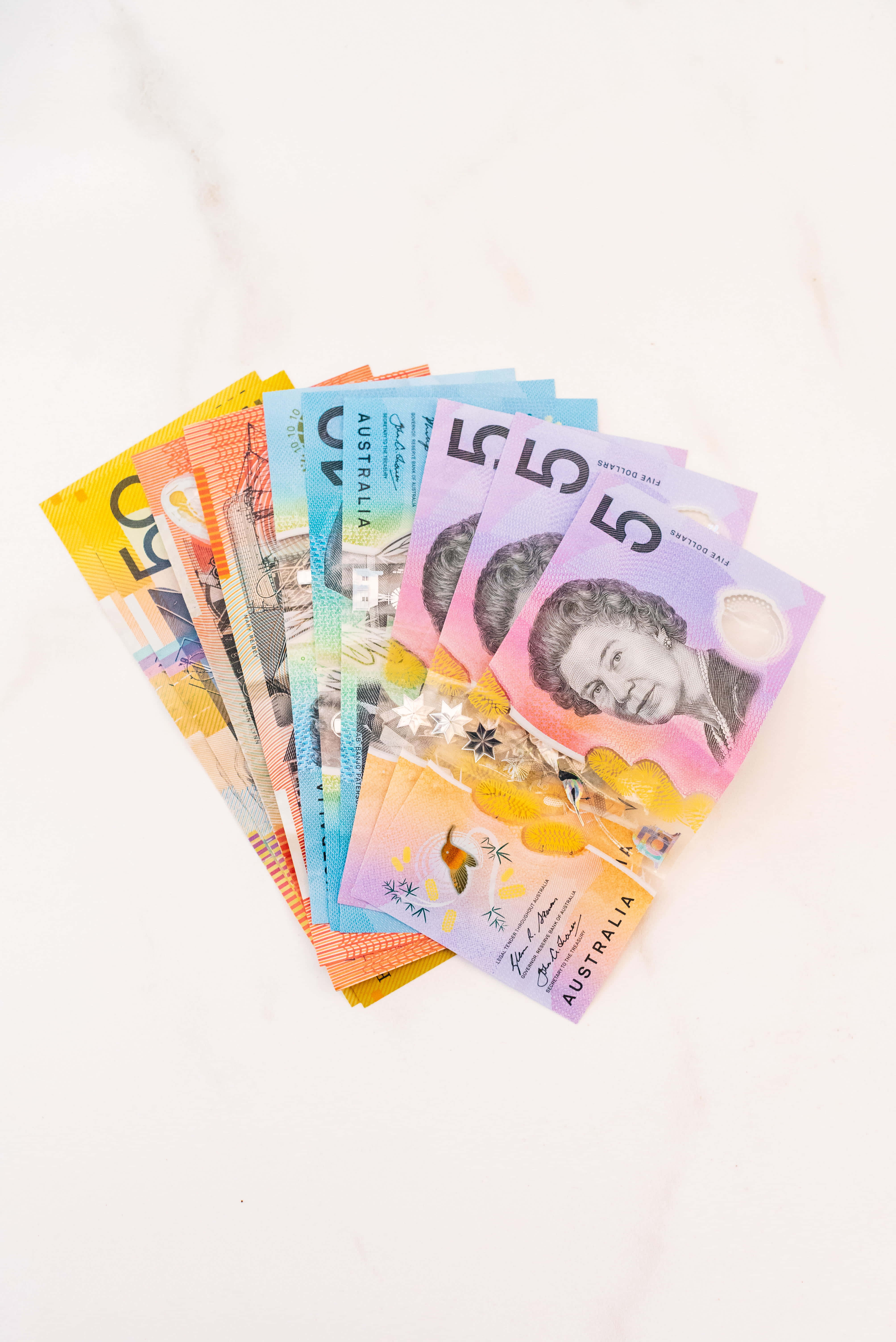 Australian Dollar, five dollar bills, fifty dollar bills, 5K Phone Wallpaper
