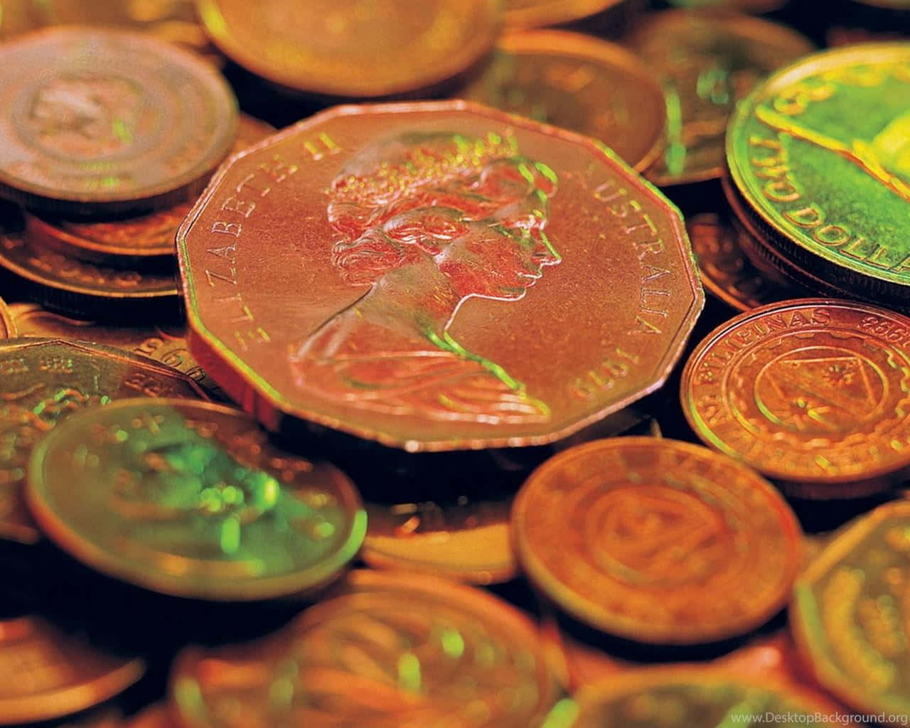 Australian coins, warm golden tones, green highlights, HD Desktop Wallpaper