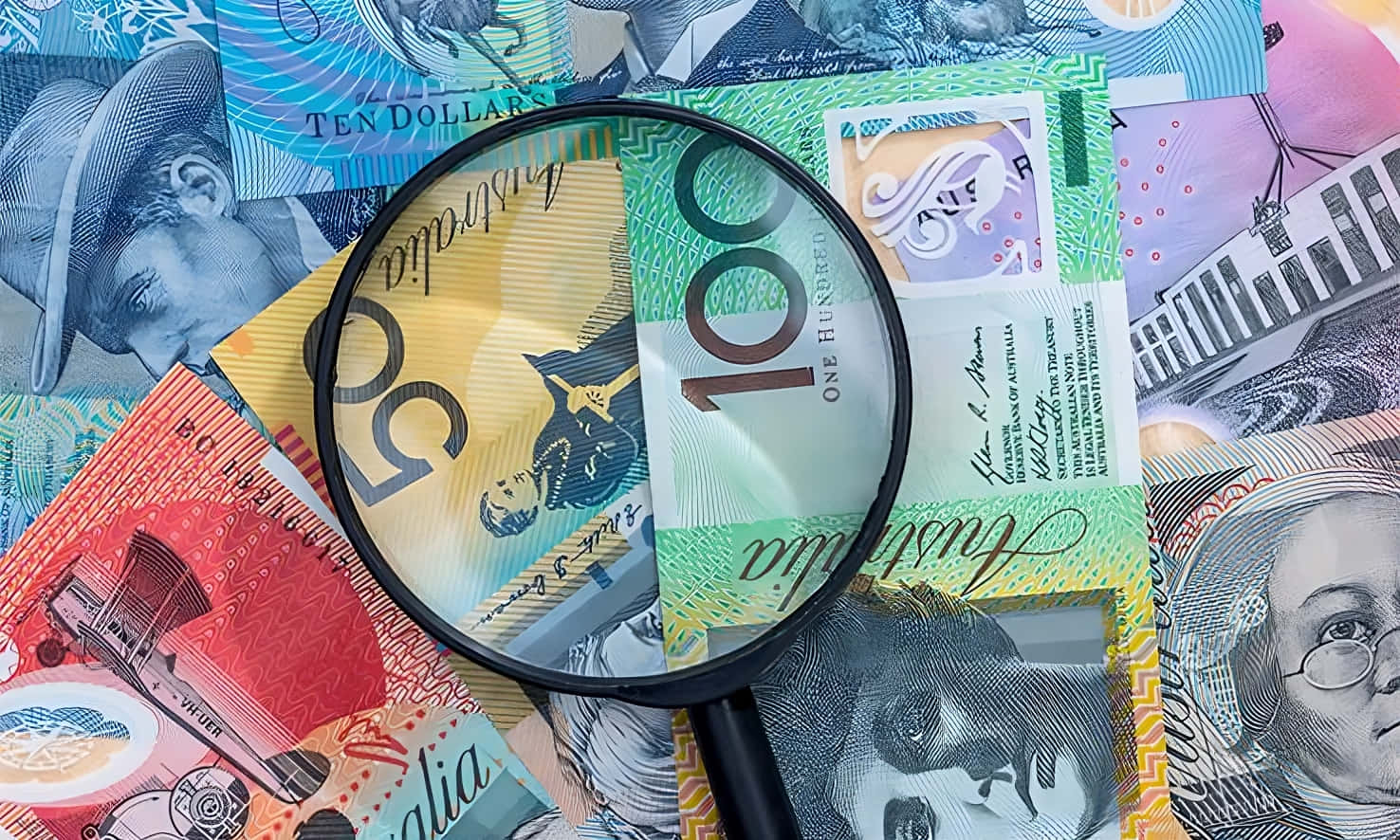 Australian Dollar, magnifying glass, colorful pile of Australian banknotes, HD Desktop Wallpaper