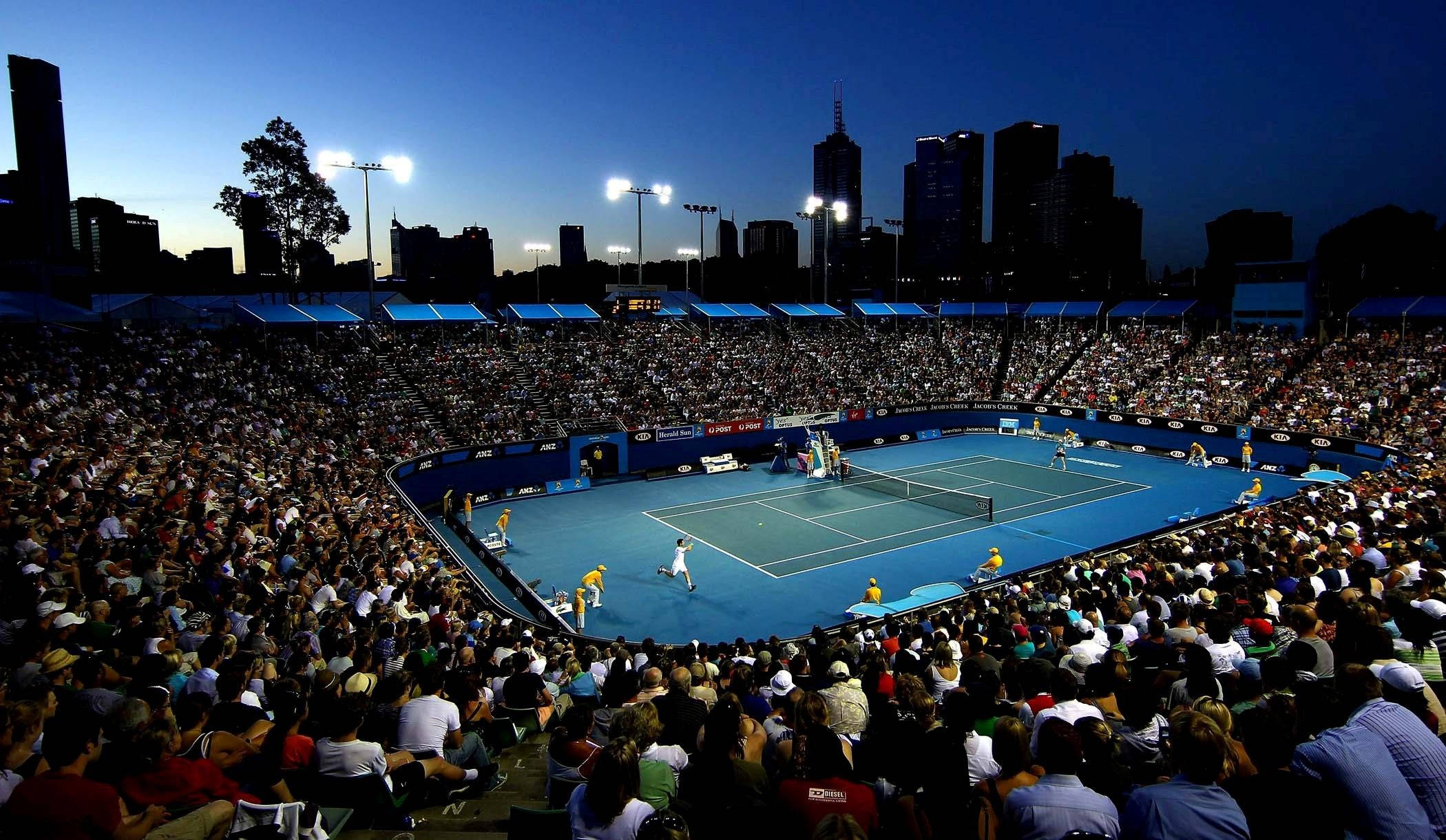 Australian Open, nighttime court, vibrant blue tennis court, Full HD Desktop Wallpaper
