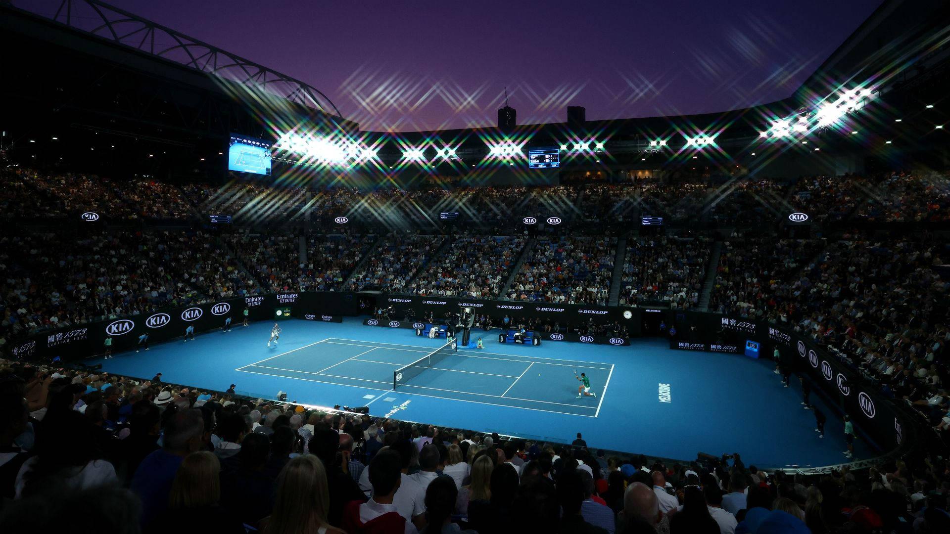 Australian Open, vibrant blue tennis court, stadium lights, Full HD Desktop Wallpaper