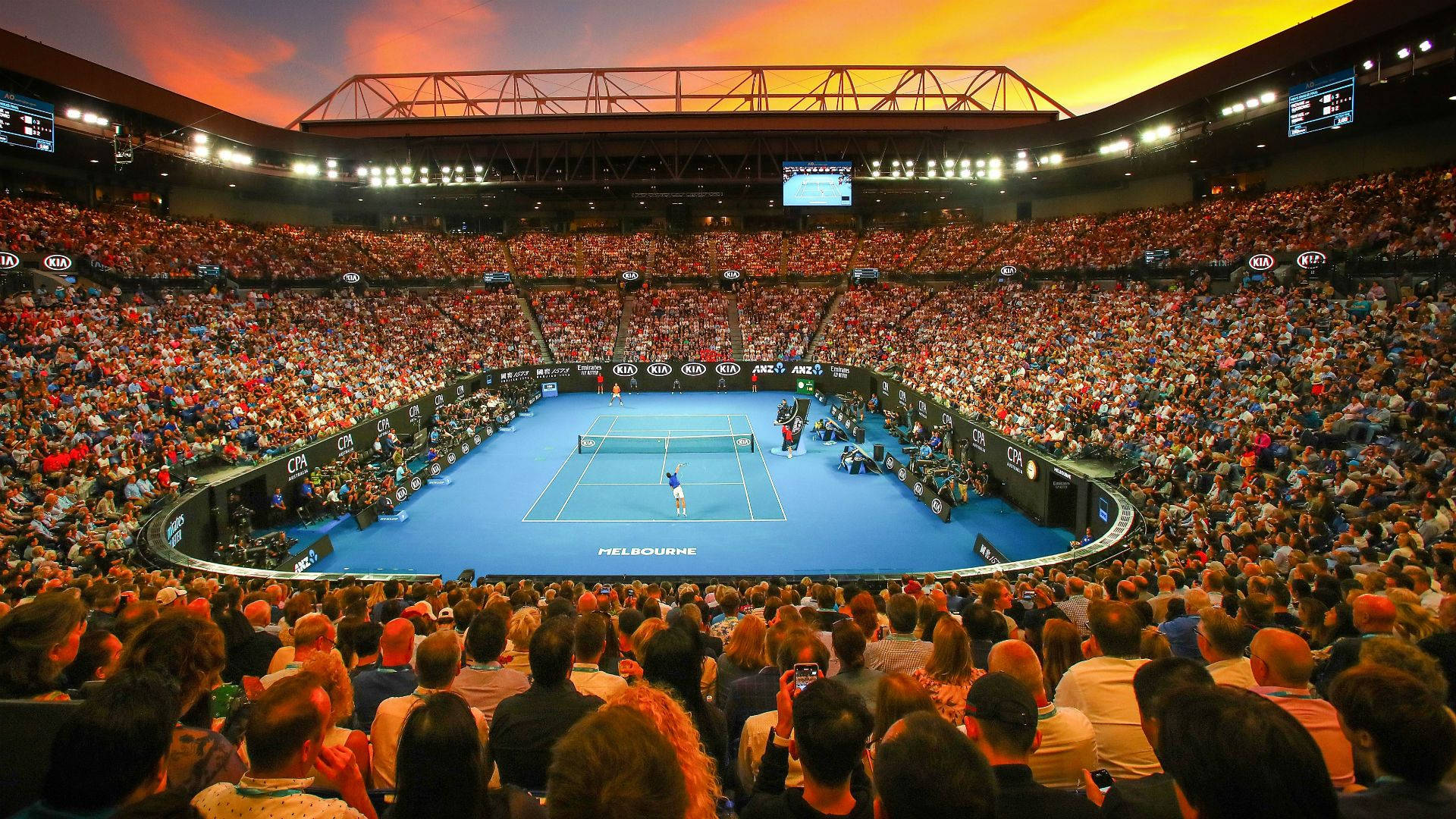 Australian Open, blue court, firey sunset sky, Full HD Desktop Wallpaper