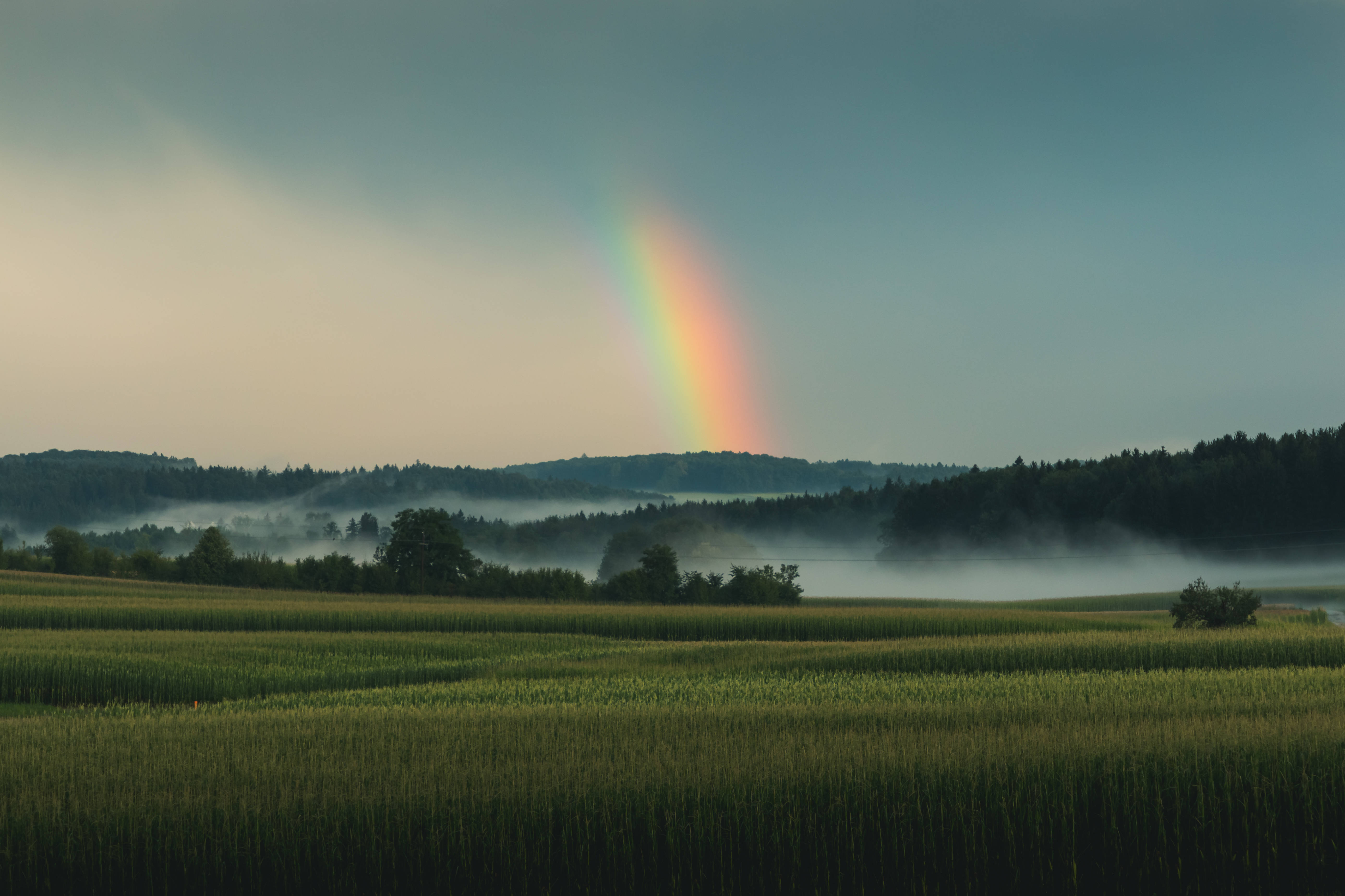 Austria, rainbow, misty rolling hills, 5K Desktop Wallpaper