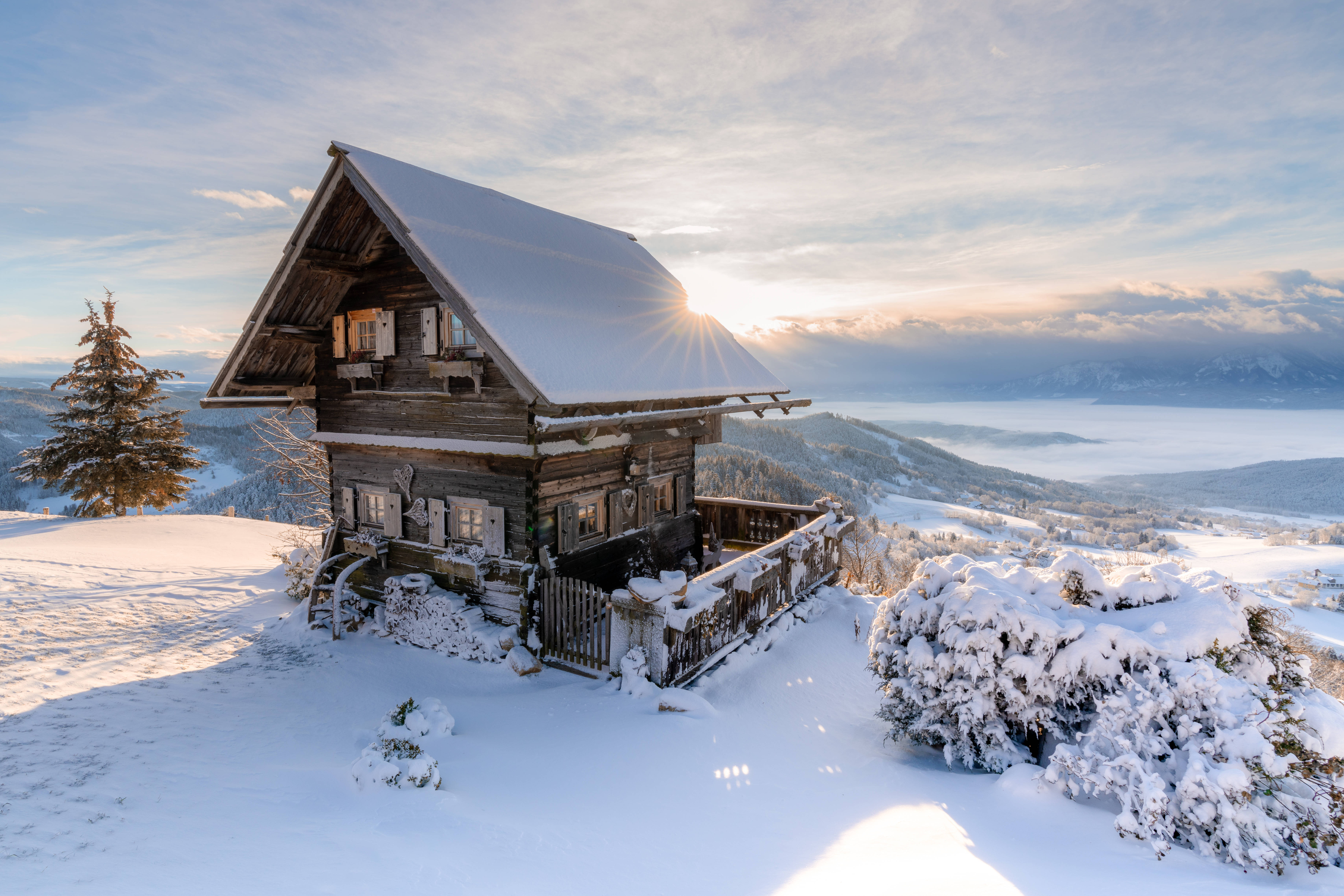 cabin, Austria, snow-covered, 5K Desktop Wallpaper