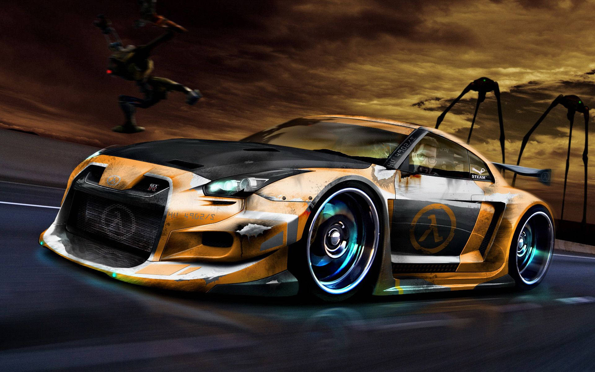 rusted gold sports car, glowing blue rims, dark road, Full HD Desktop Wallpaper