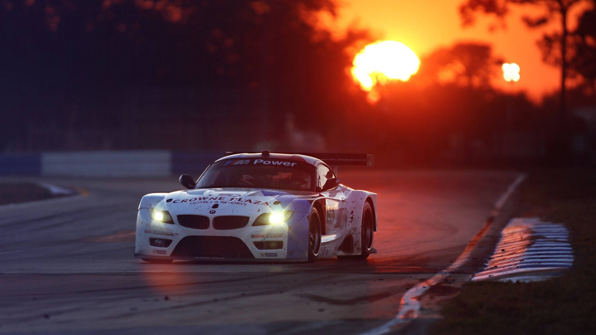 white race car, glowing headlights, wet track, Full HD Desktop Wallpaper