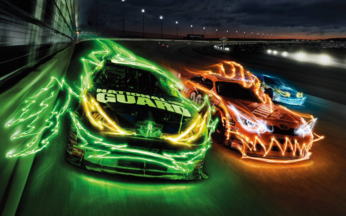 neon green, orange lightning effects, night, HD Desktop Wallpaper