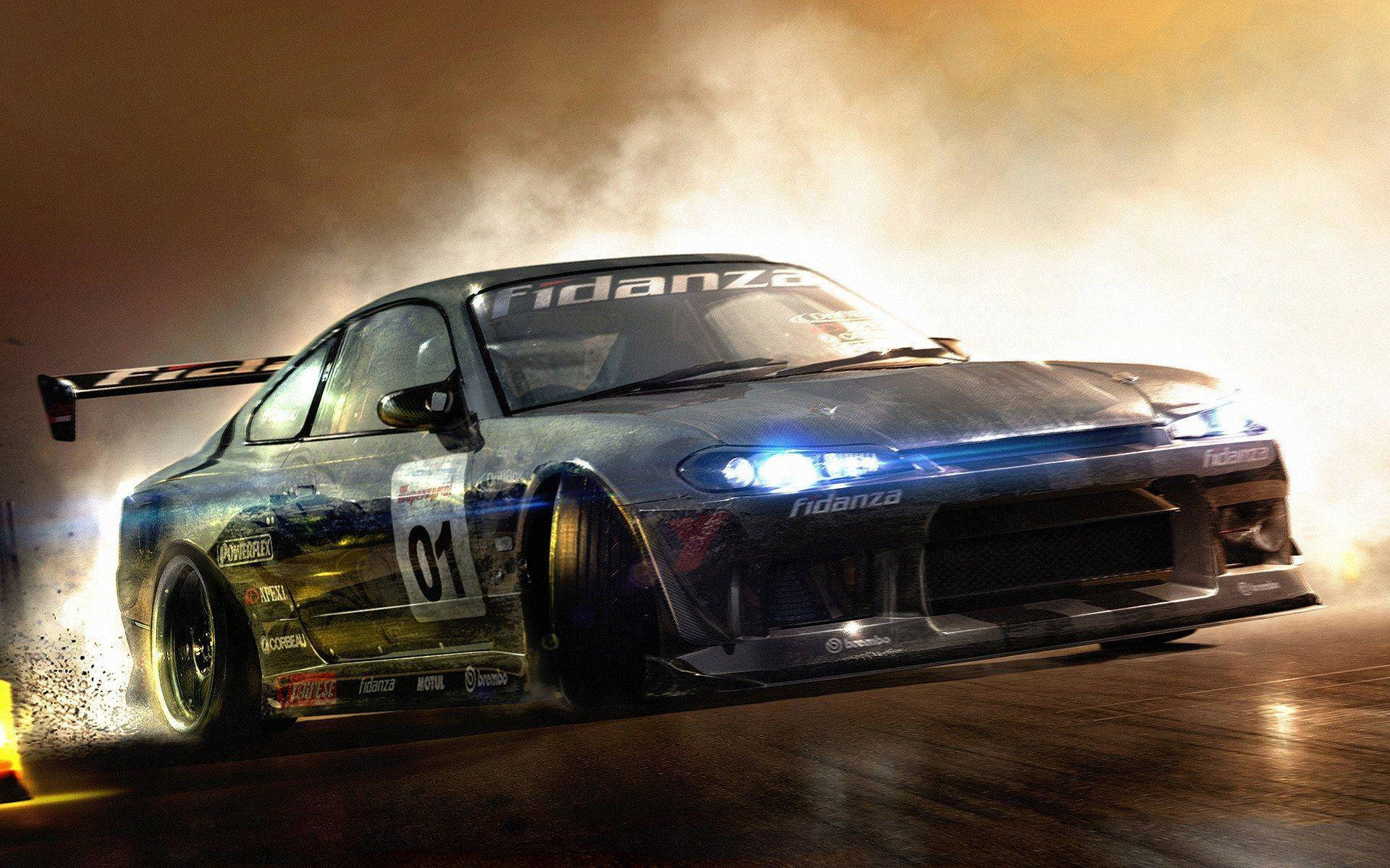 drift race car, glowing headlights, wet track, Full HD Desktop Wallpaper