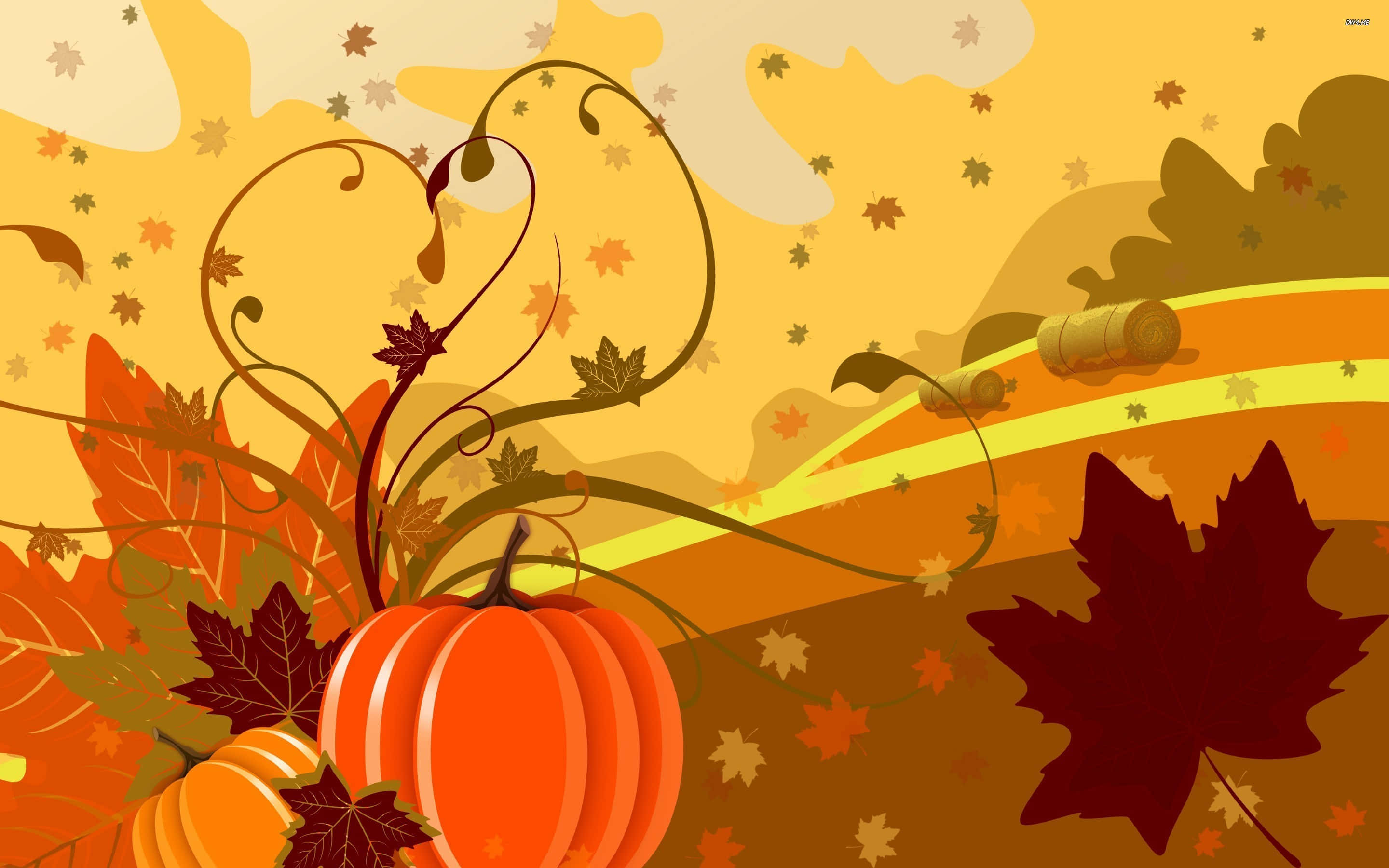 Autumn Bounty, orange pumpkins, swirling maple leaves, 2K Desktop Wallpaper