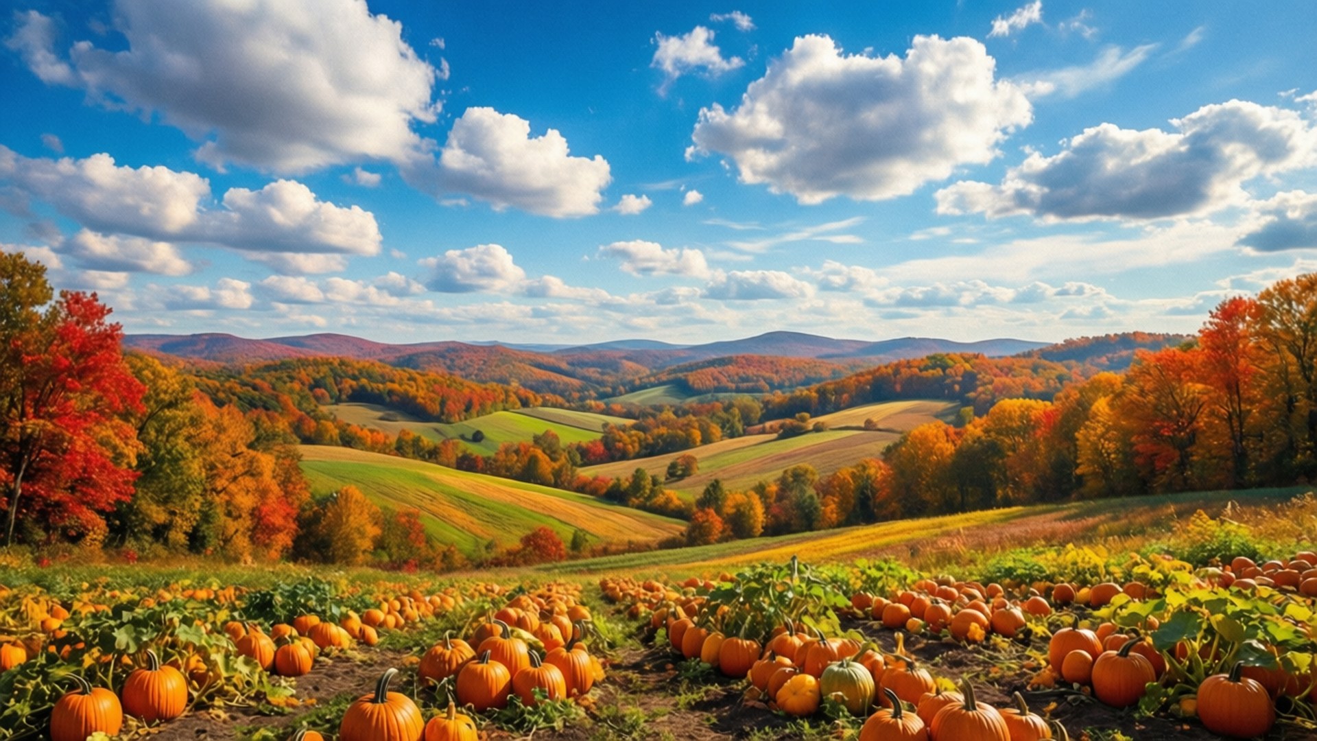 Panoramic Harvest Fields, autumn fields, pumpkins, Full HD Desktop Wallpaper