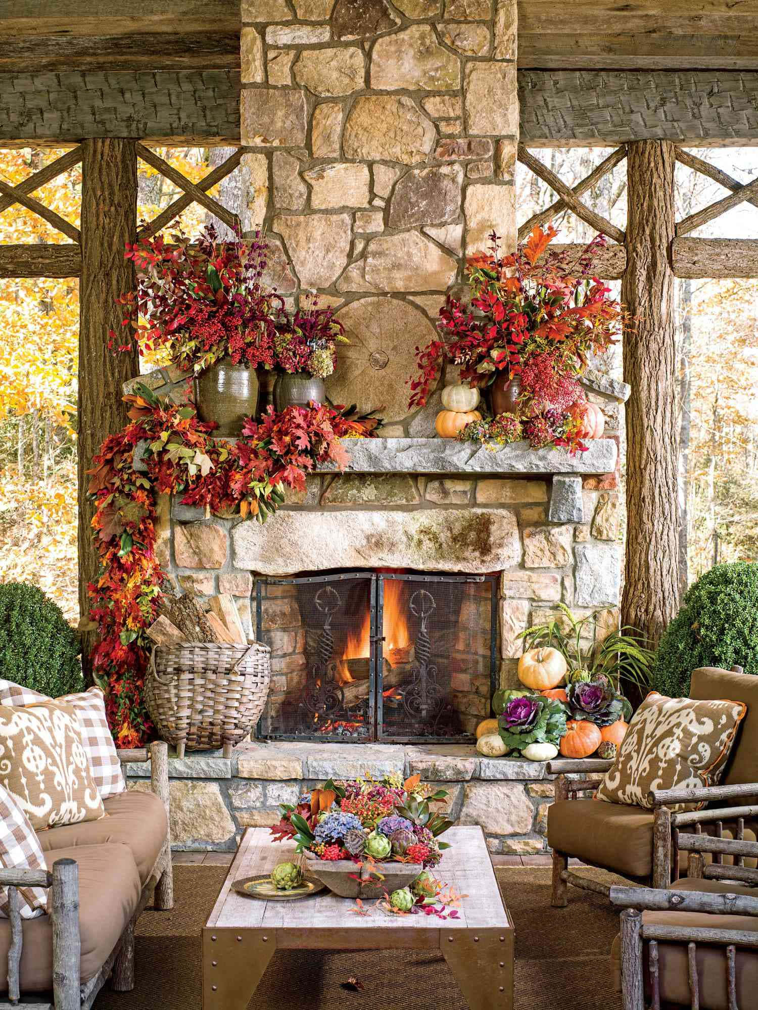 Autumn Bounty, stone fireplace, autumn leaves, Full HD Phone Wallpaper