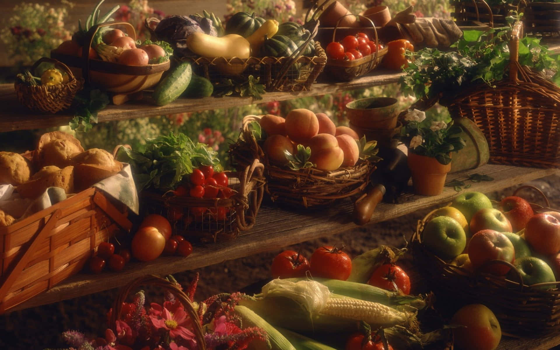 Autumn Bounty, wooden shelves, baskets of fresh produce, Full HD Desktop Wallpaper