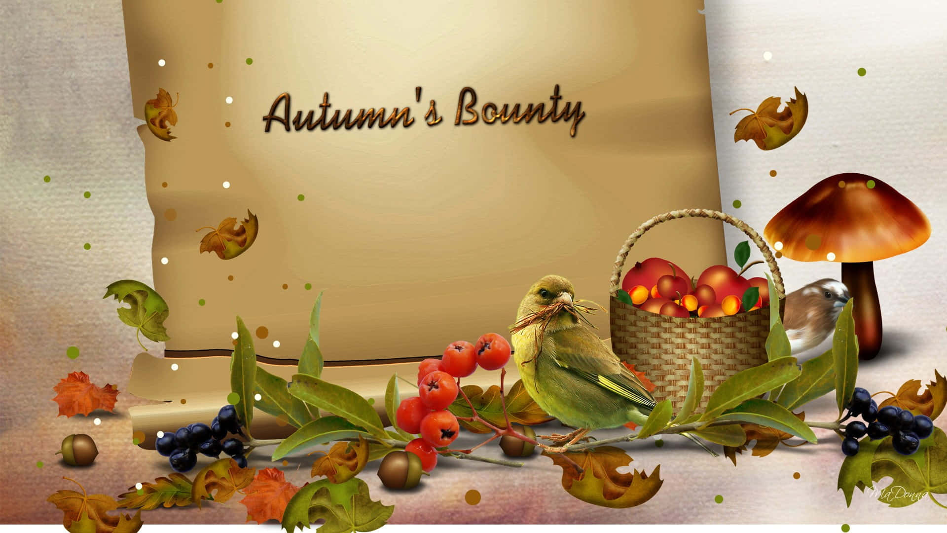 Autumn Bounty, green bird, basket of apples, Full HD Desktop Wallpaper