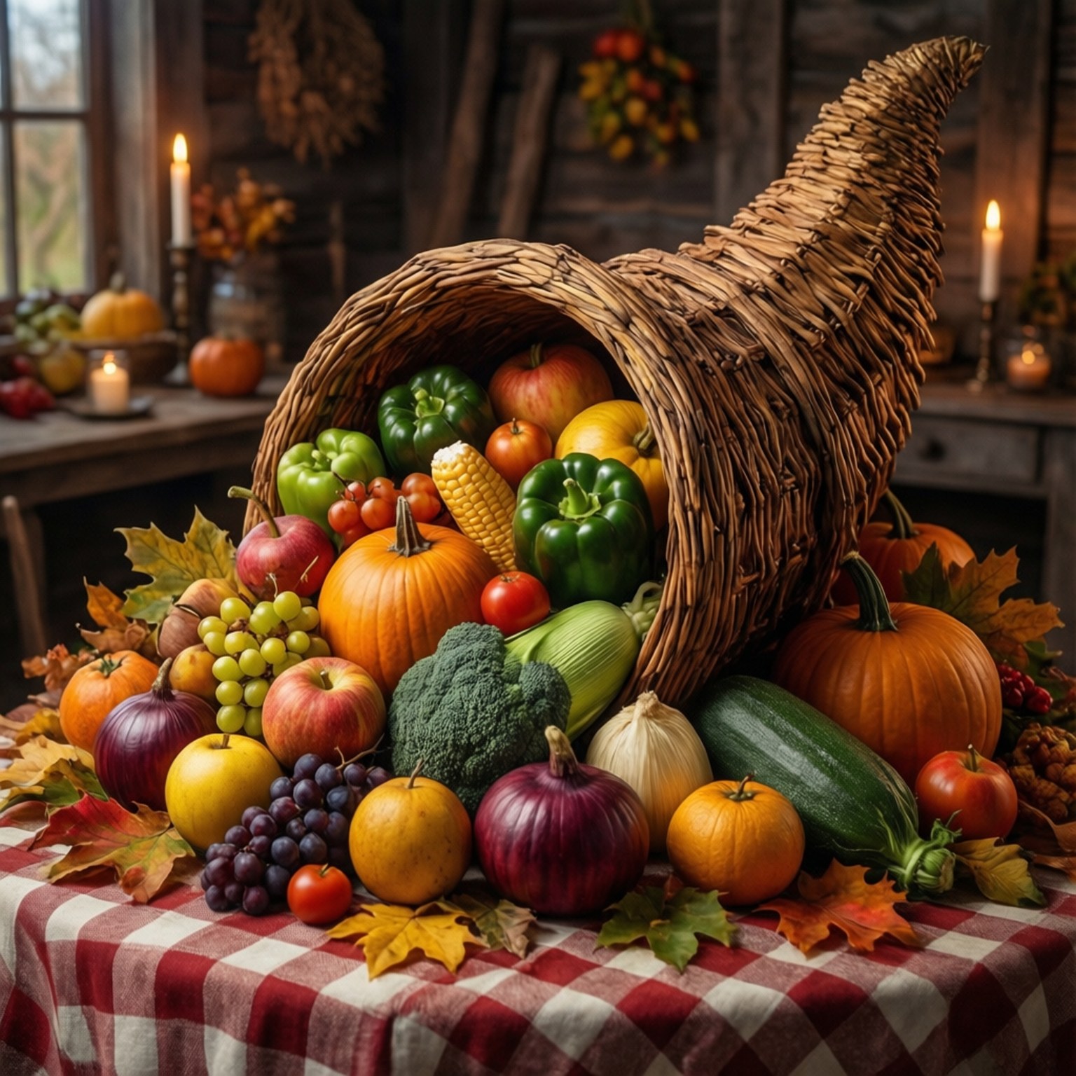 cornucopia, colorful autumn produce, checkered tablecloth, HD Desktop Wallpaper